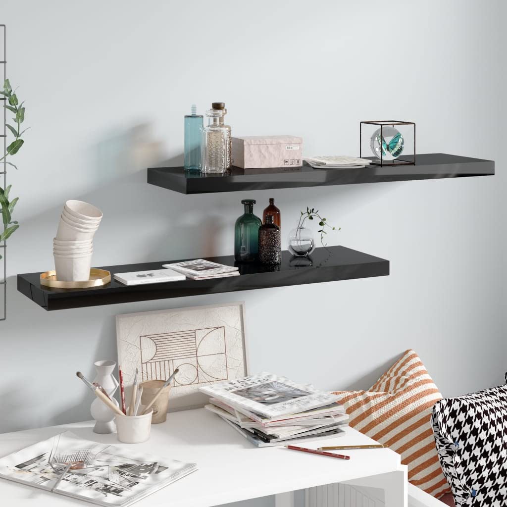 CHARMMA Floating Wall Shelves Set of 2 - High Gloss Black Modern Shelves (35.4x9.3x1.5 inches) - Premium MDF Wall Mounted Shelving for Living Room, Bedroom & Office Organization