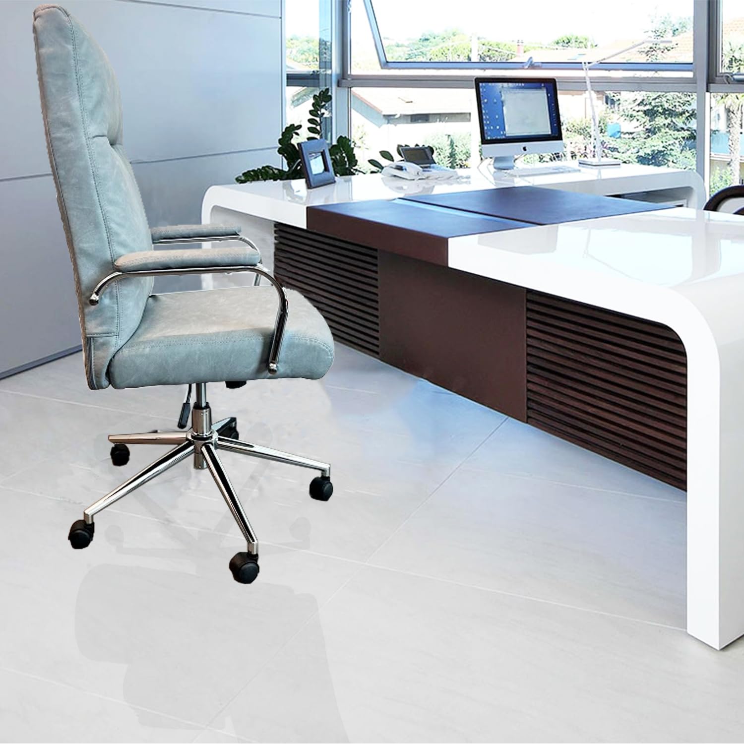 Ergonomic Office Chair - Adjustable Height Swivel Computer Desk Chair with Wheels, High Back Executive Leather Chair with Lumbar Support (Grey) - Perfect for Home Office, Gaming & Workspaces