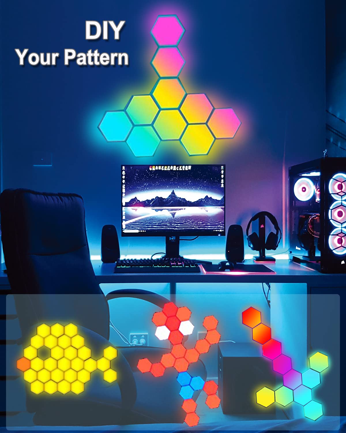 RGBIC Hexagon LED Light Panels - Gaming Lights with Music Sync & App Control, Cool Wall Decor for DIY Creative Modular Lighting - Perfect for Party, Living Room, Bedroom (10 Panels) - Enhance Gaming Atmosphere & Home Decor