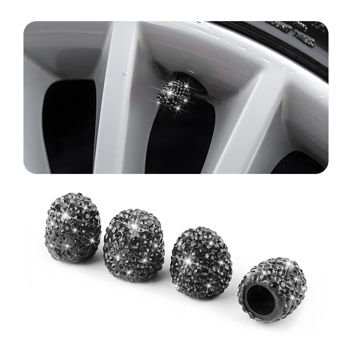 AUCELI 4PCS Bling Crystal Rhinestone Car Tire Valve Stem Caps - Universal Dustproof Waterproof Wheel Air Valve Covers for SUV, Truck, Motorcycle, Bike (Black) | Stylish Auto Accessories for Vehicle Customization & Protection