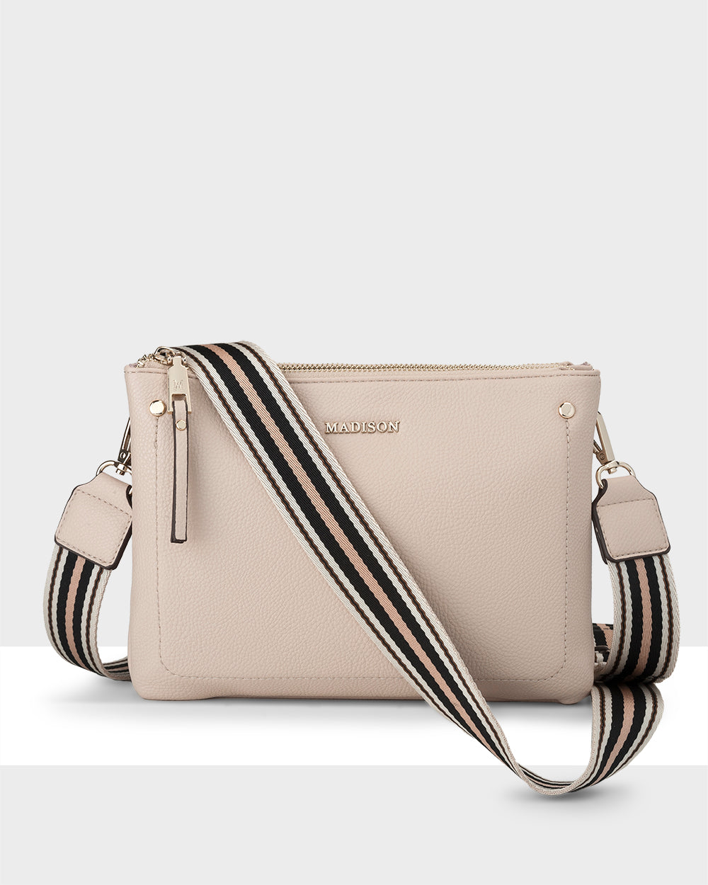 Charlotte Double Zip Crossbody Bag with Adjustable Stripe Strap - Stylish Hands-Free Purse for Women, Perfect for Travel, Shopping & Everyday Use