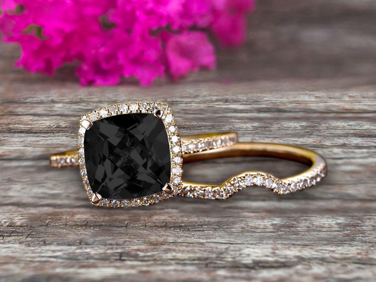 1.75 Carat Cushion Cut Black Diamond Moissanite Engagement Ring & Wedding Band Set in 10k Rose Gold Halo Design - Perfect for Proposals, Anniversaries & Special Occasions