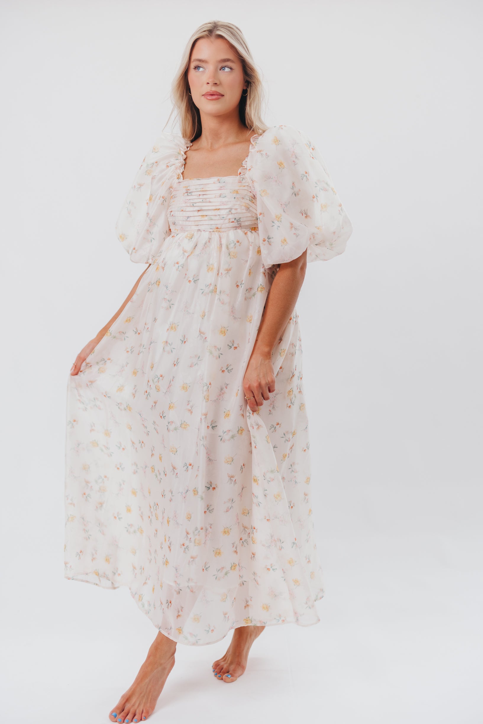 Melody Maxi Dress with Pleats & Bow Detail - Yellow Rose Floral Print | Bump Friendly Maternity Dress | Inclusive Sizing S-3XL | Perfect for Weddings, Baby Showers & Summer Vacations