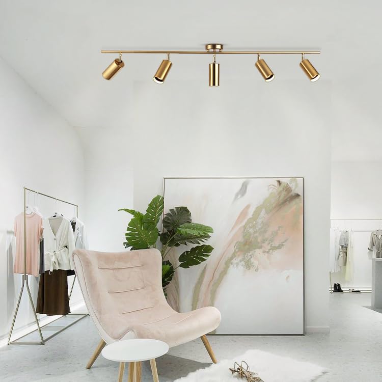 KCO Lighting Modern 5-Lights LED Track Lighting Kit - Brushed Brass Adjustable Flush Mount Ceiling Spotlights for Kitchen, Dining Room & Living Room - Mid Century Gold Light Fixture (5 Lights) - Perfect for Task Lighting and Accent Illumination