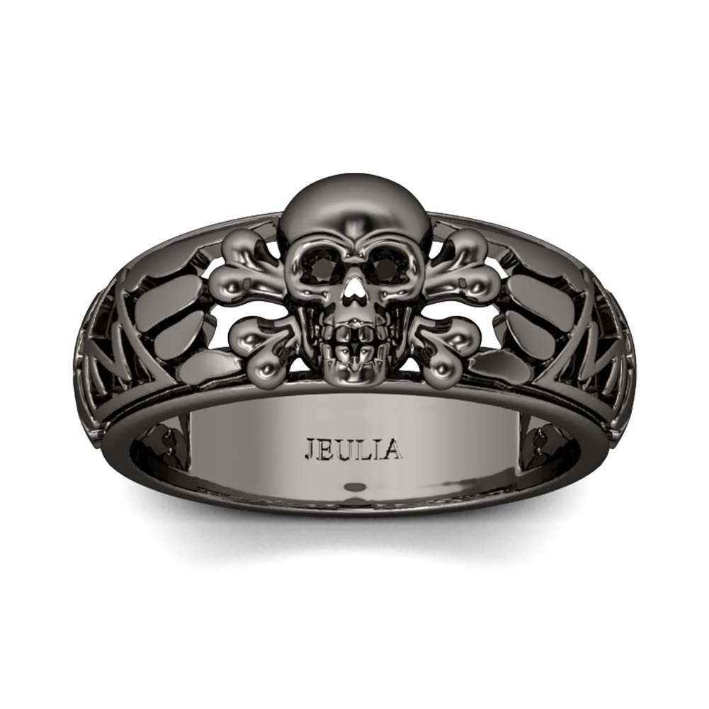 Jeulia 0.5 CT 925 Sterling Silver Skull Ring for Women & Men - Black Tone Eternity Band with CZ Cubic Zirconia - Wedding, Engagement, Anniversary, Promise Ring - Gothic Jewelry Gift for Him or Her | Perfect for Alternative Fashion, Punk Style, Romantic Occasions & Unique Gifts