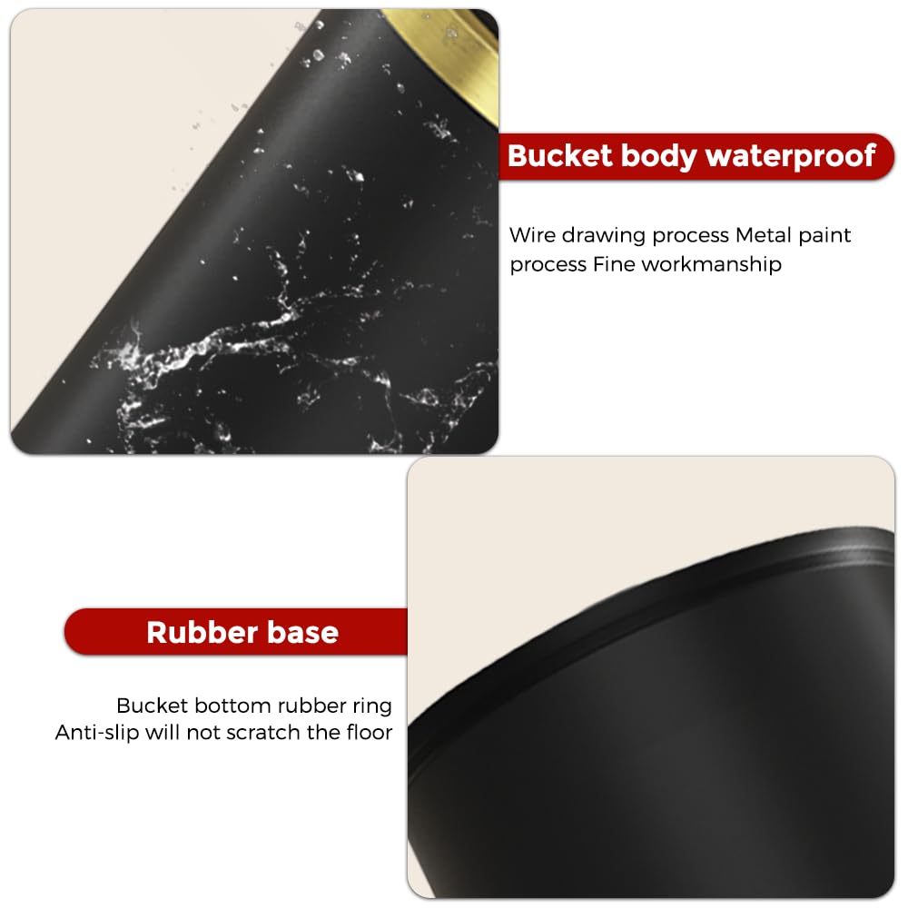 9L/2.4GAL Stainless Steel Gold Bathroom Trash Can - Open Top Garbage Bin Without Lid - Small Gold & Black Waste Basket for Bathroom, Kids Room, Hotel, Office - Perfect for Home, Commercial & Hospitality Use (Black)