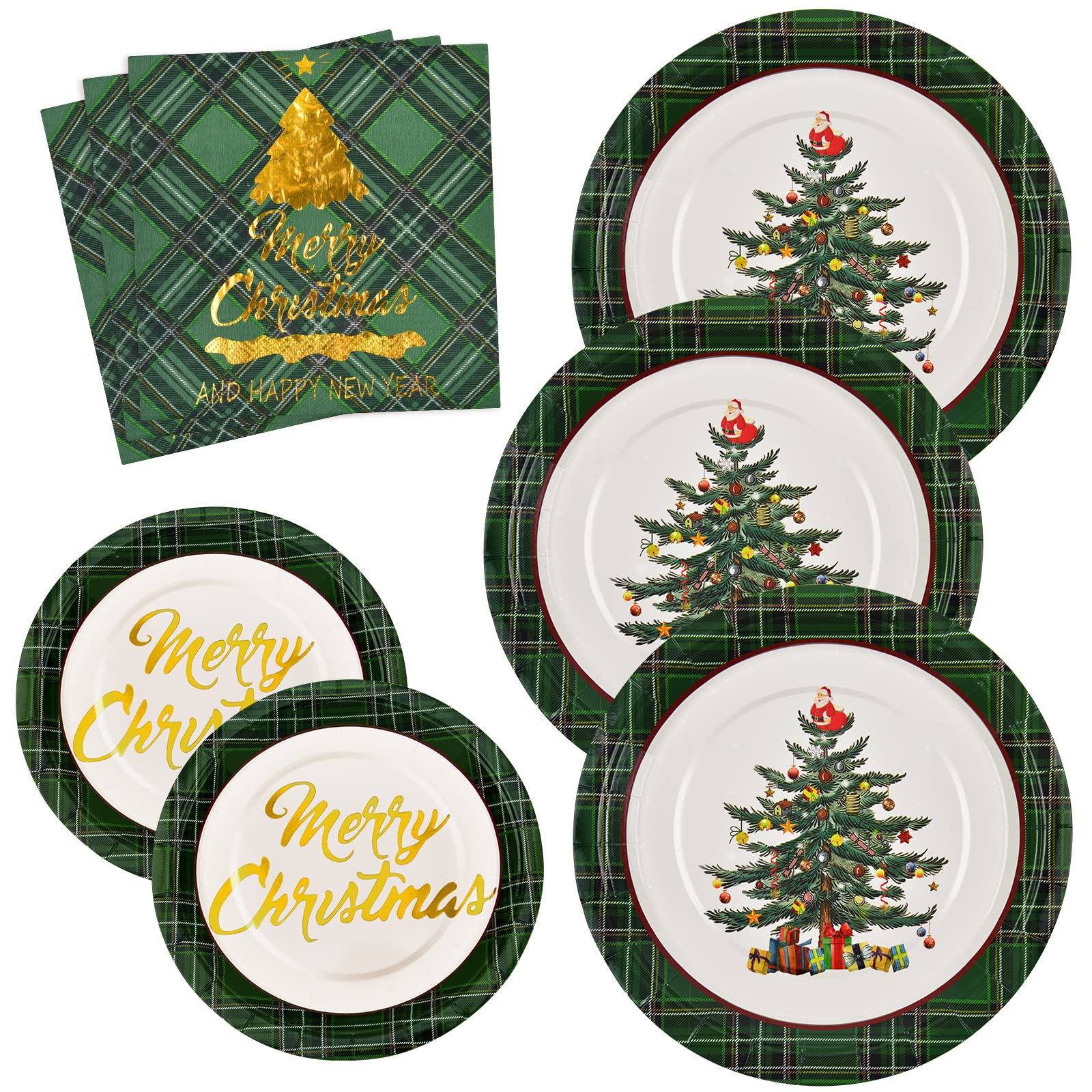 NatuBeau 200-Piece Christmas Tree Party Dinnerware Set - 50 Paper Plates, 50 Dessert Plates, 100 Napkins for Holiday Celebrations - Perfect for Christmas Dinner, Office Parties & Family Gatherings (Green)
