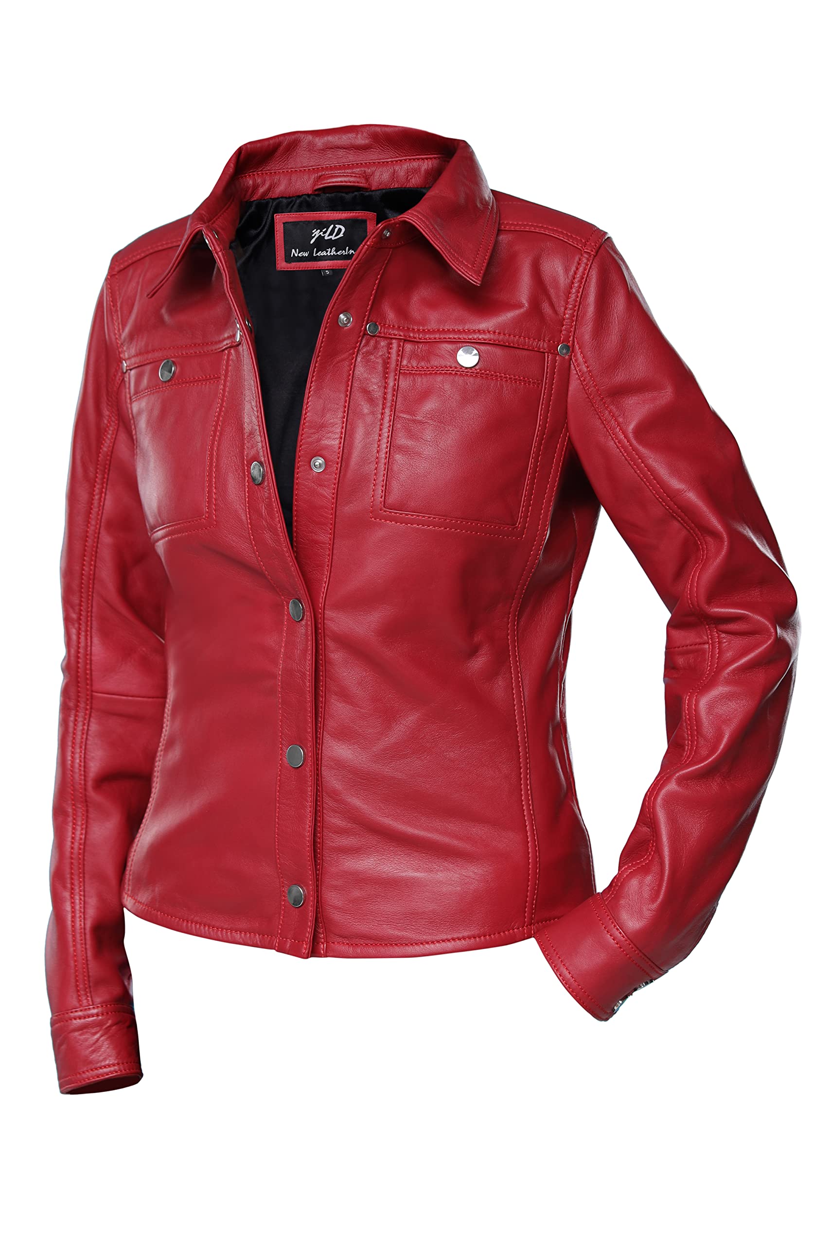Jild Women's Button Front Lambskin Leather Jacket Shacket - Long Sleeve Casual Shirt Style with Bust Pocket | Perfect for Fall Layering, Date Nights & Office Wear