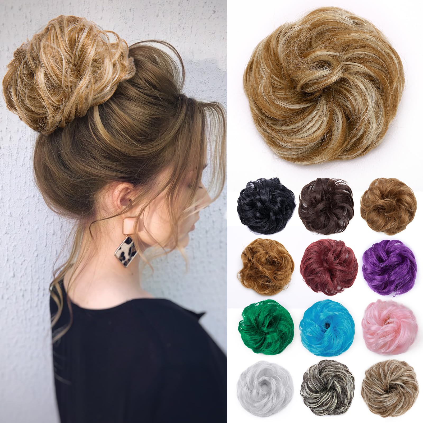 Fluffy Wavy Messy Bun Hairpiece for Women - 2 Pack Synthetic Chignon Scrunchies with Elastic Band (Light Ash Brown & Bleach Blonde) - Perfect for Updos, Casual Wear, and Special Occasions