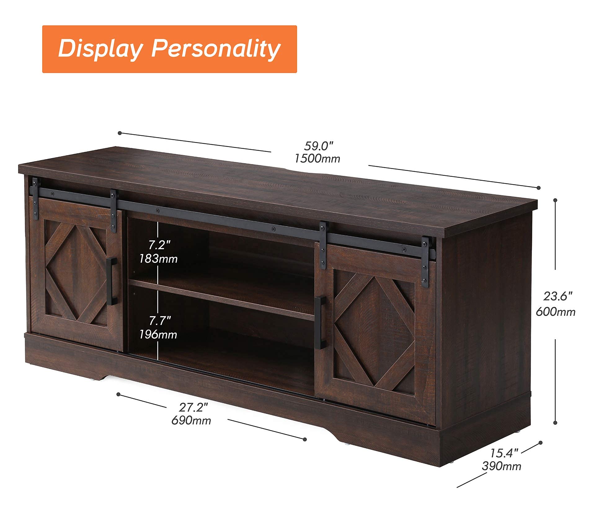 WAMPAT 65 Inch Rustic Brown Farmhouse TV Stand with Sliding Barn Doors - 3-Tier Adjustable Shelf Entertainment Center Cabinet for Living Room, Bedroom & Home Theater Setup