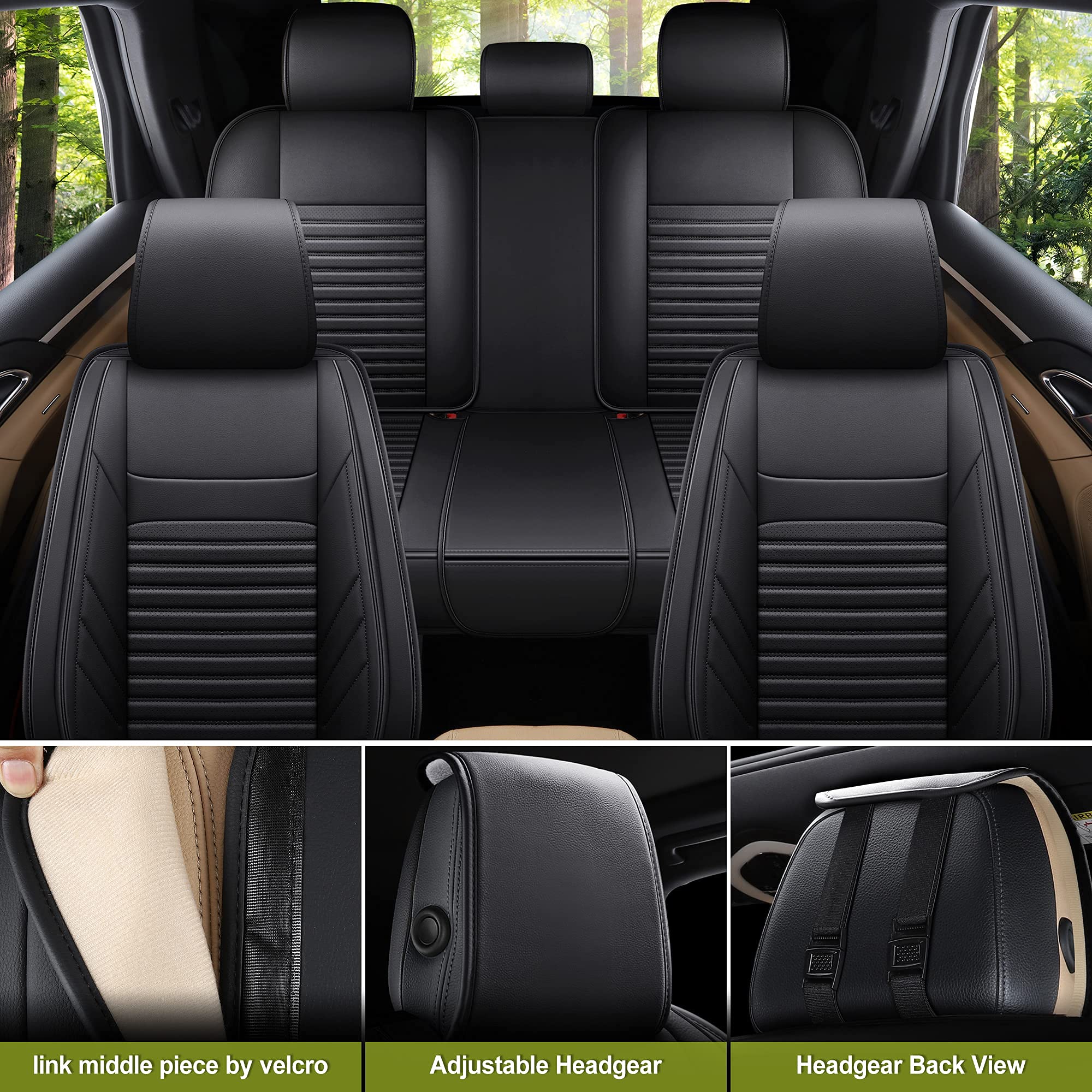 Premium AOOG Leather Car Seat Covers - Universal Fit Leatherette Auto Seat Protectors for Cars, SUVs & Trucks | Non-Slip Vehicle Interior Accessories (Full Set, Black) | Perfect for Daily Commute, Road Trips & Family Protection