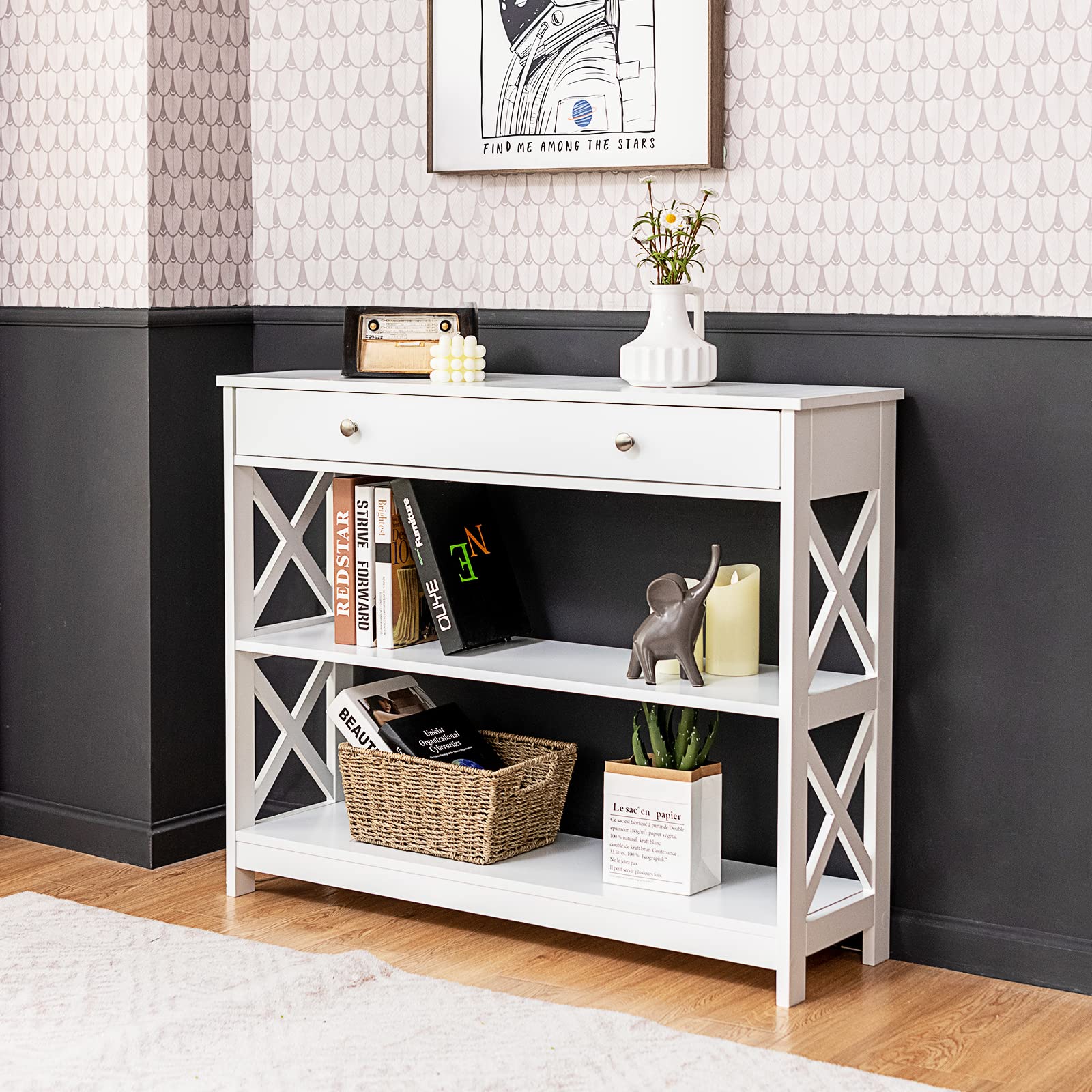 Giantex 3-Tier Console Table with Drawer & Storage Shelves - X-Design Entryway Table for Hallway, Living Room & Bedroom - White Sofa Side Table | Perfect for Small Spaces, Home Decor & Organizing Essentials