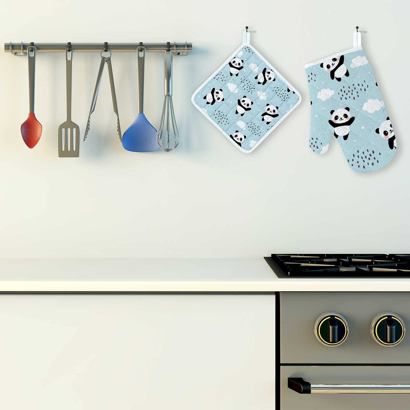 Cute Panda Blue Adjustable Kitchen Apron Set with Pockets, Oven Mitt & Pot Holder - 3 Piece Cooking Accessories for Baking, Grilling & Microwave Use