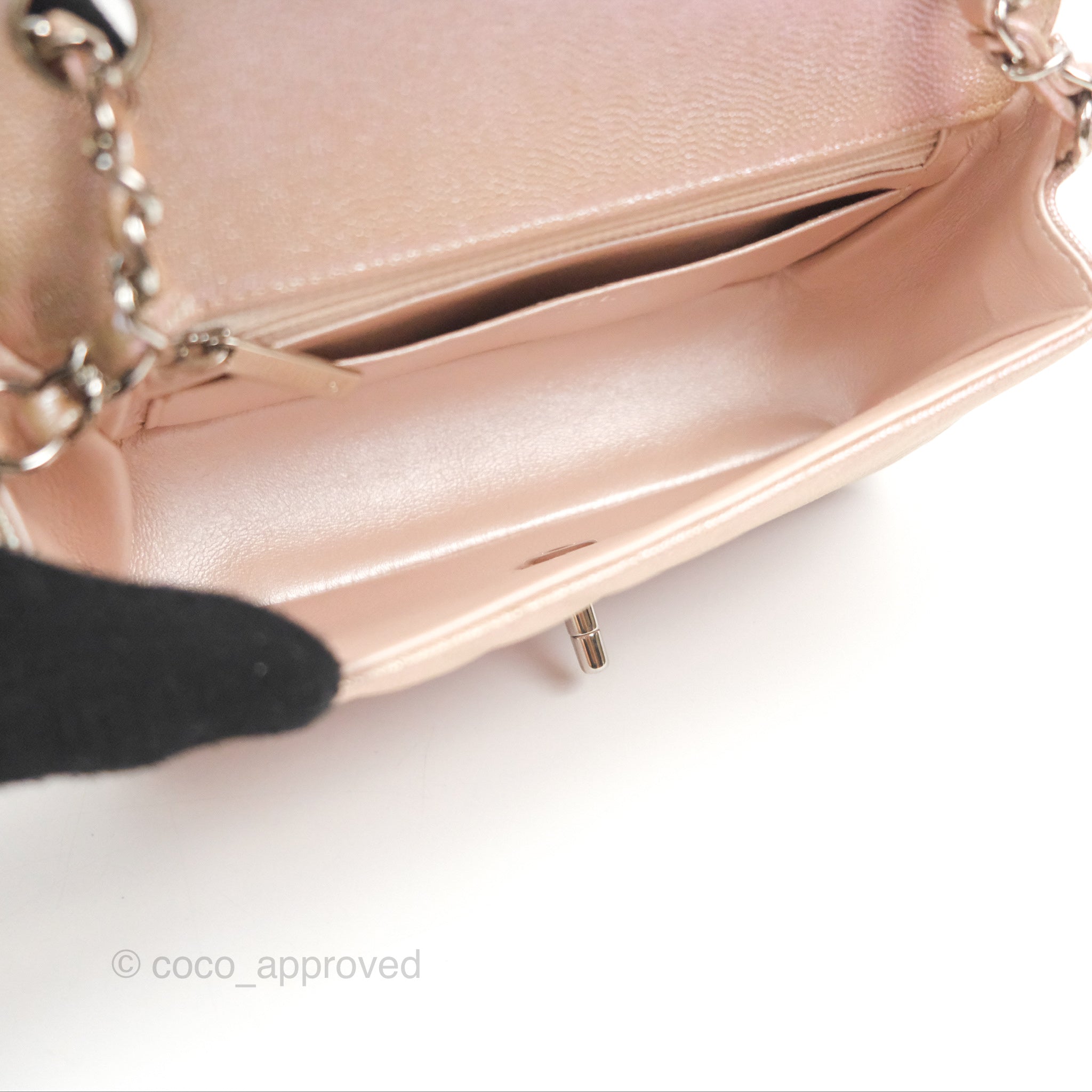 Chanel Chevron Mini Rectangular Flap Bag in Iridescent Rose Gold Caviar Leather with Ruthenium Hardware - Perfect for Evening Events & Luxury Fashion Accessories