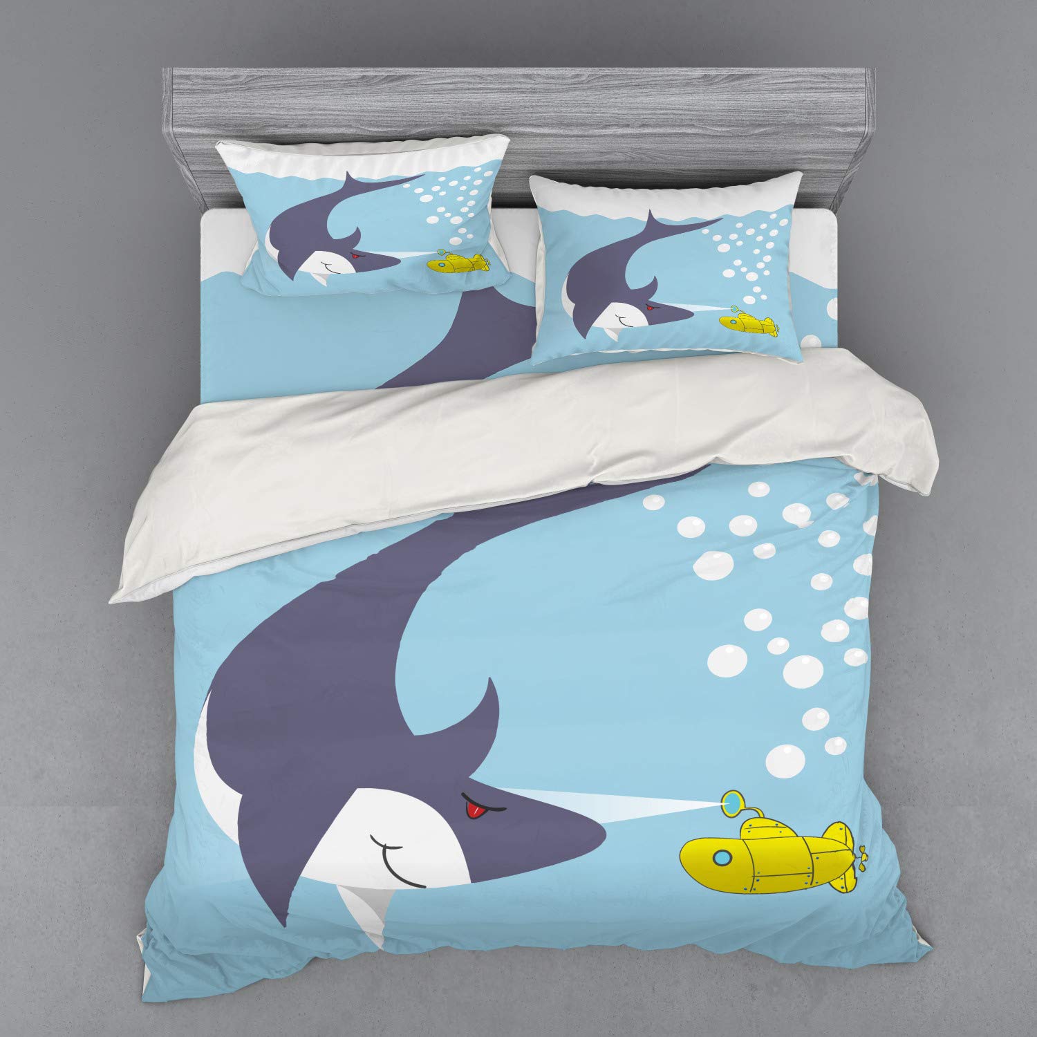 Ambesonne Yellow Submarine Duvet Cover Set - Shark & Ship Ocean Bubbles Underwater Theme Cartoon Bedding | 4-Piece King Size Set with Shams & Fitted Sheet in Blue Grey Yellow | Perfect for Kids' Rooms, Nautical Themed Bedrooms & Submarine Lovers