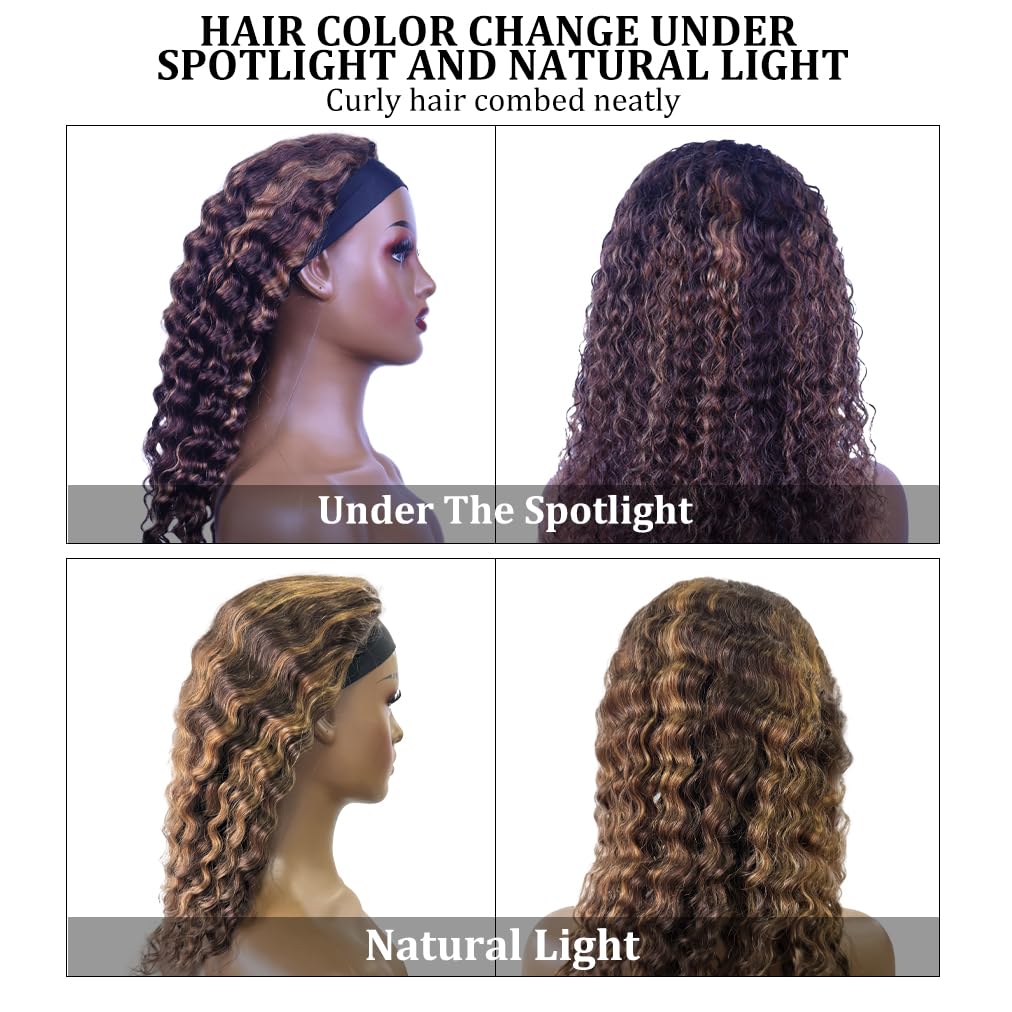 WENYAN Ombre Headband Wig - 26 Inch Deep Wave Human Hair Wig for Black Women | #4/27 Highlight Curly Glueless Lace-Free Brazilian Virgin Hair | 150% Density Machine Made | Perfect for Daily Wear, Parties & Protective Styling