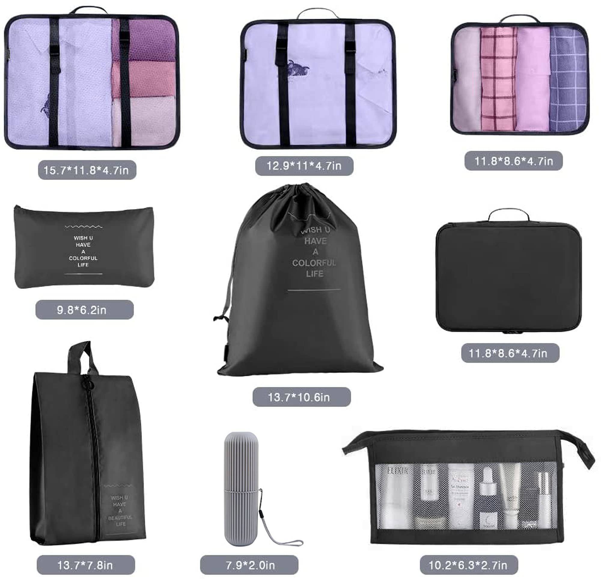 9-Piece Waterproof Packing Cubes Set - Travel Luggage Organizer for Clothes, Shoes, Cosmetics & Toiletries | Black Storage Bags for Suitcase | Perfect for Business Trips, Vacations & Weekend Getaways