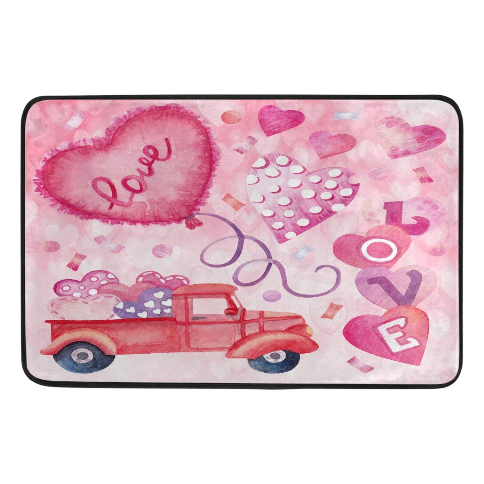 Valentine's Day Red Truck Doormat 23.6x15.7 Inch - Romantic Heart Design Non-Slip Welcome Mat for Entryway, Kitchen, Bathroom - Perfect Home Decor Gift for Couples & Anniversaries