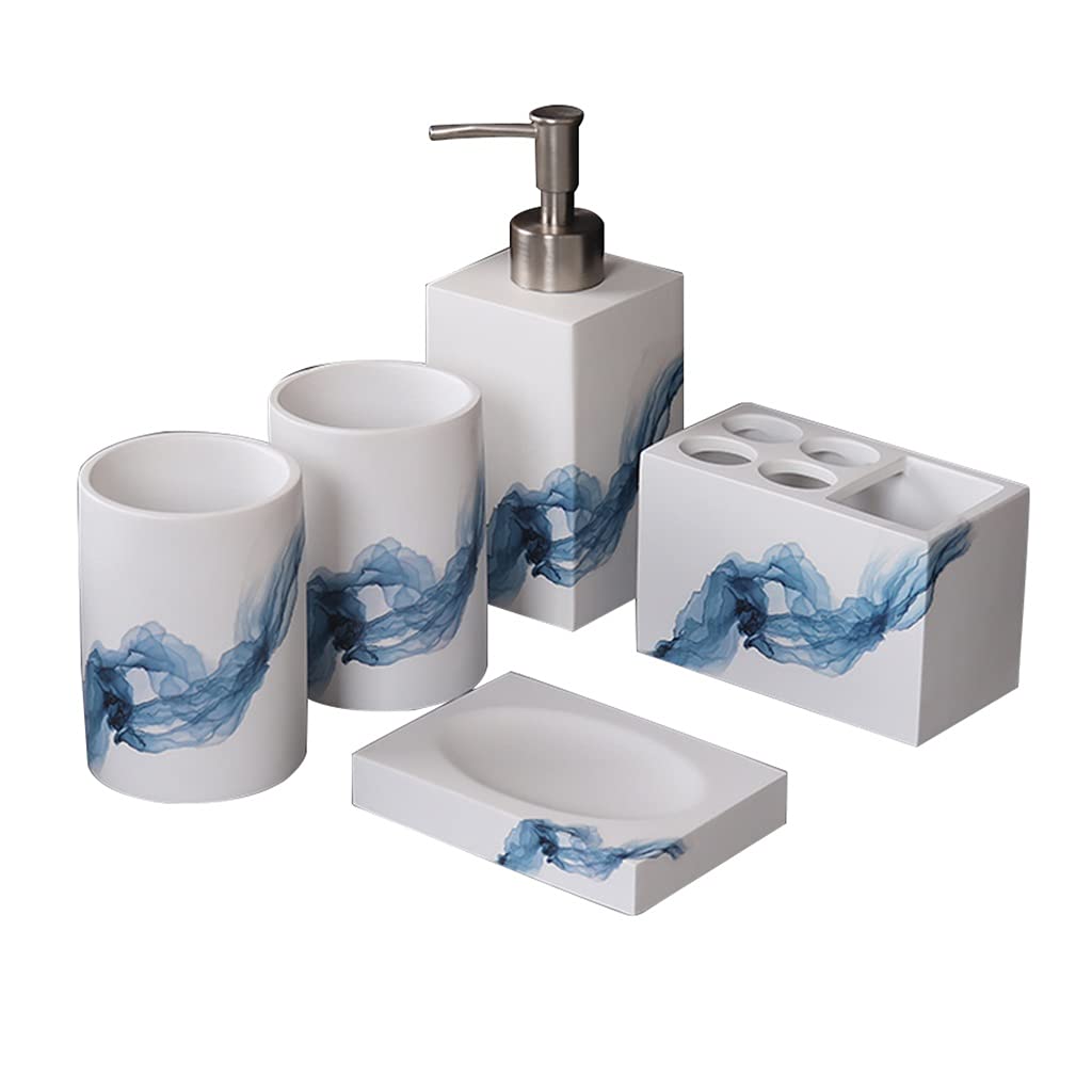 5-Piece Bathroom Accessories Set - Shampoo Dispenser, Toothbrush Holder, Soap Dish, Tumbler & Lotion Bottle - Modern White Bathroom Organizer for Vanity Countertop & Guest Bathroom Decor