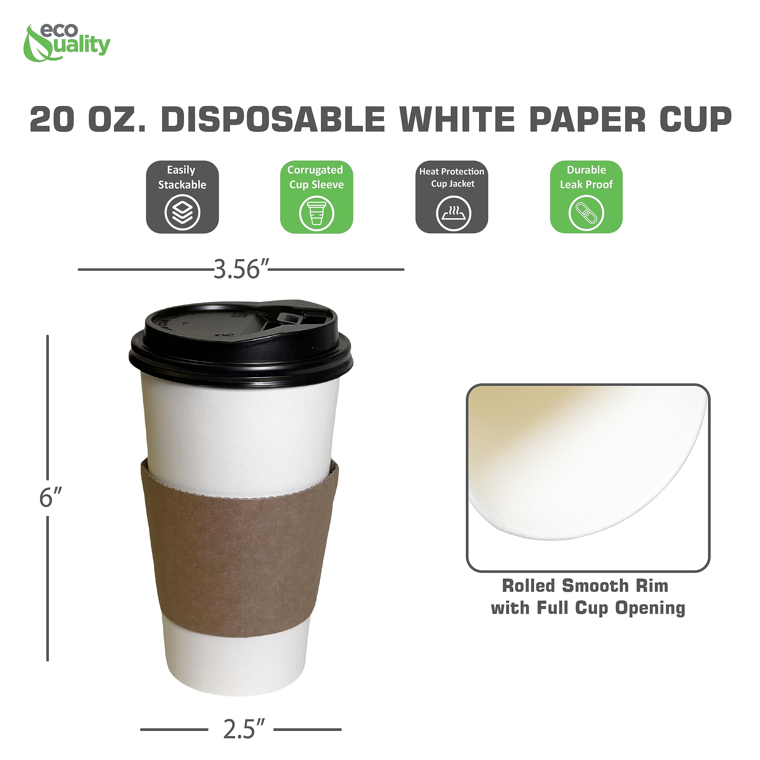 EcoQuality 20 oz Disposable White Paper Coffee Cups with Black Dome Lids & Corrugated Sleeves - Bulk 1000 Pack for Coffee Shops, Offices, Travel, Events & Catering - Hot Beverage Solution for On-the-Go Lifestyles