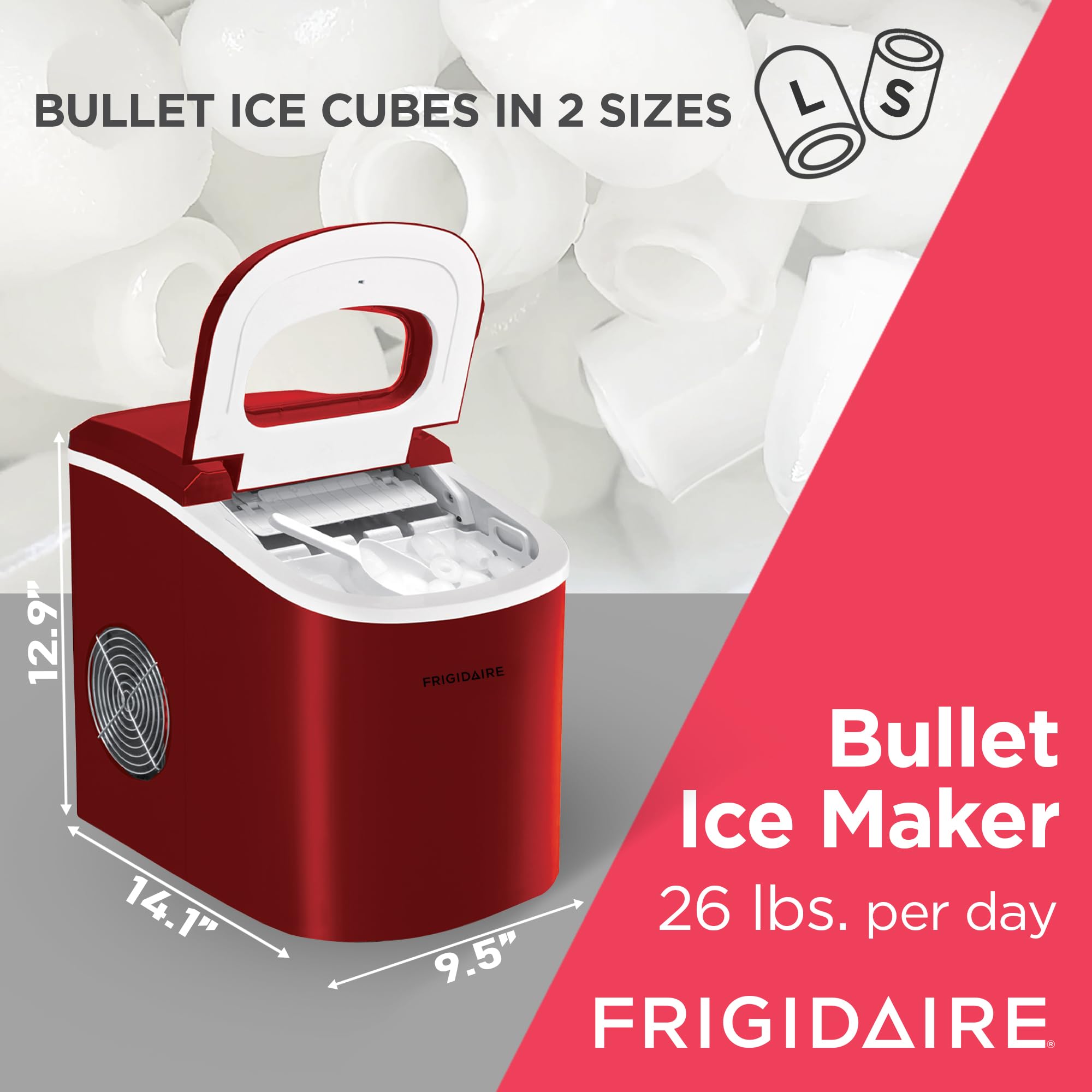 Frigidaire EFIC102-RED Countertop Ice Maker Machine - 26 lbs Daily Capacity, Bullet Ice Cube Maker with Transparent Window (14.1