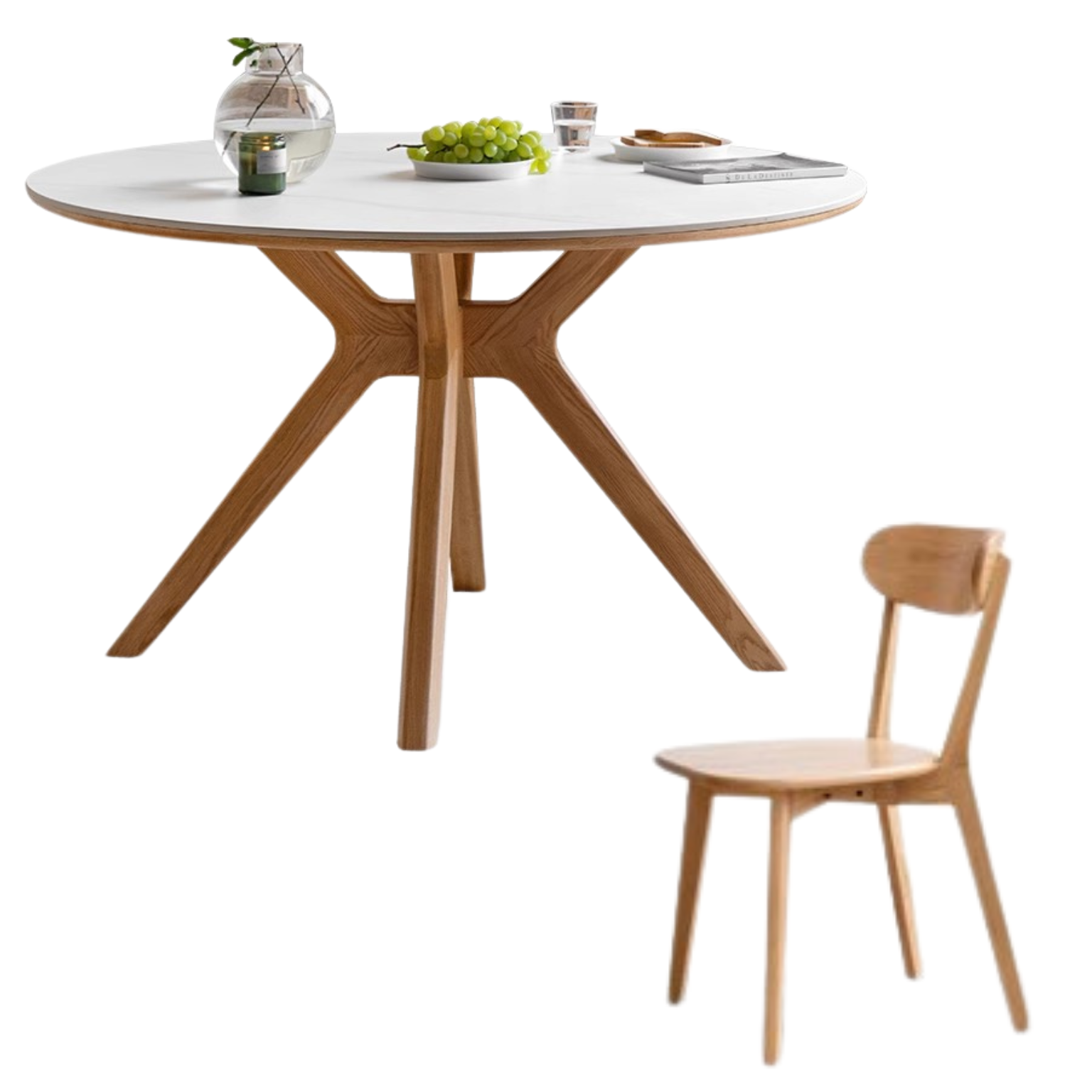 Solid Oak Wood Round Nordic Dining Table with Rock Slab Surface - Modern Farmhouse Kitchen & Dining Room Furniture for Family Gatherings