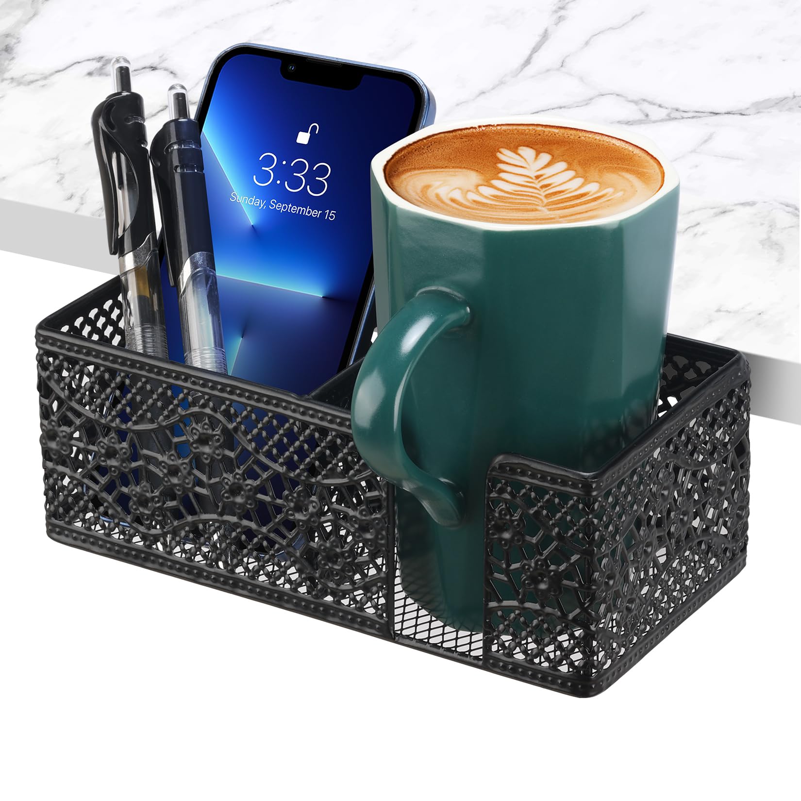 Clip-On Desk Organizer with Cup Holder, Pencil Storage & Phone Stand - Space-Saving Office & School Accessories for Beverages, Stationery & Devices - Perfect for Work, Study & Home Organization