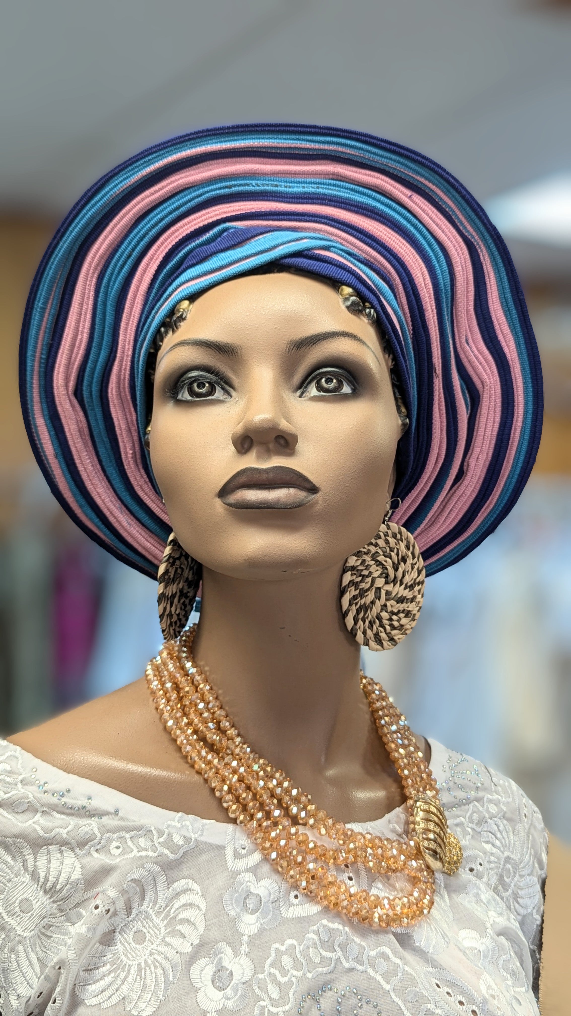Dupsie's Sapphire Elegance Aso Oke Ready Gele Autogele Pre-Tied Head Wrap Hat DPAGTBRBP2 - Perfect for Weddings, Church, and Special Occasions