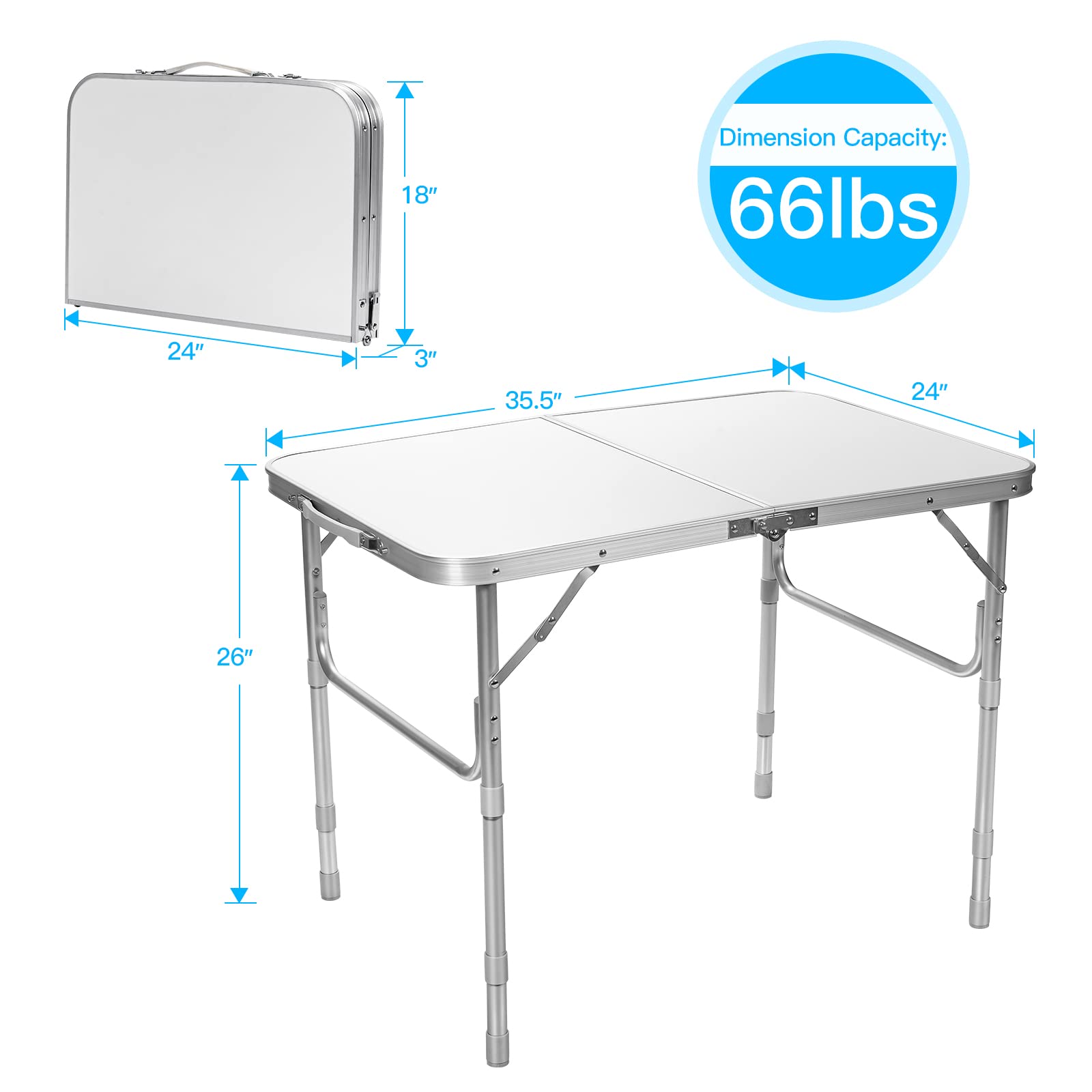 Rainfally 3FT Folding Picnic Table - Adjustable Height Aluminum Camping Table, Portable Fold-in-Half Dining Table for Outdoor, Indoor, Travel & BBQ (35.5