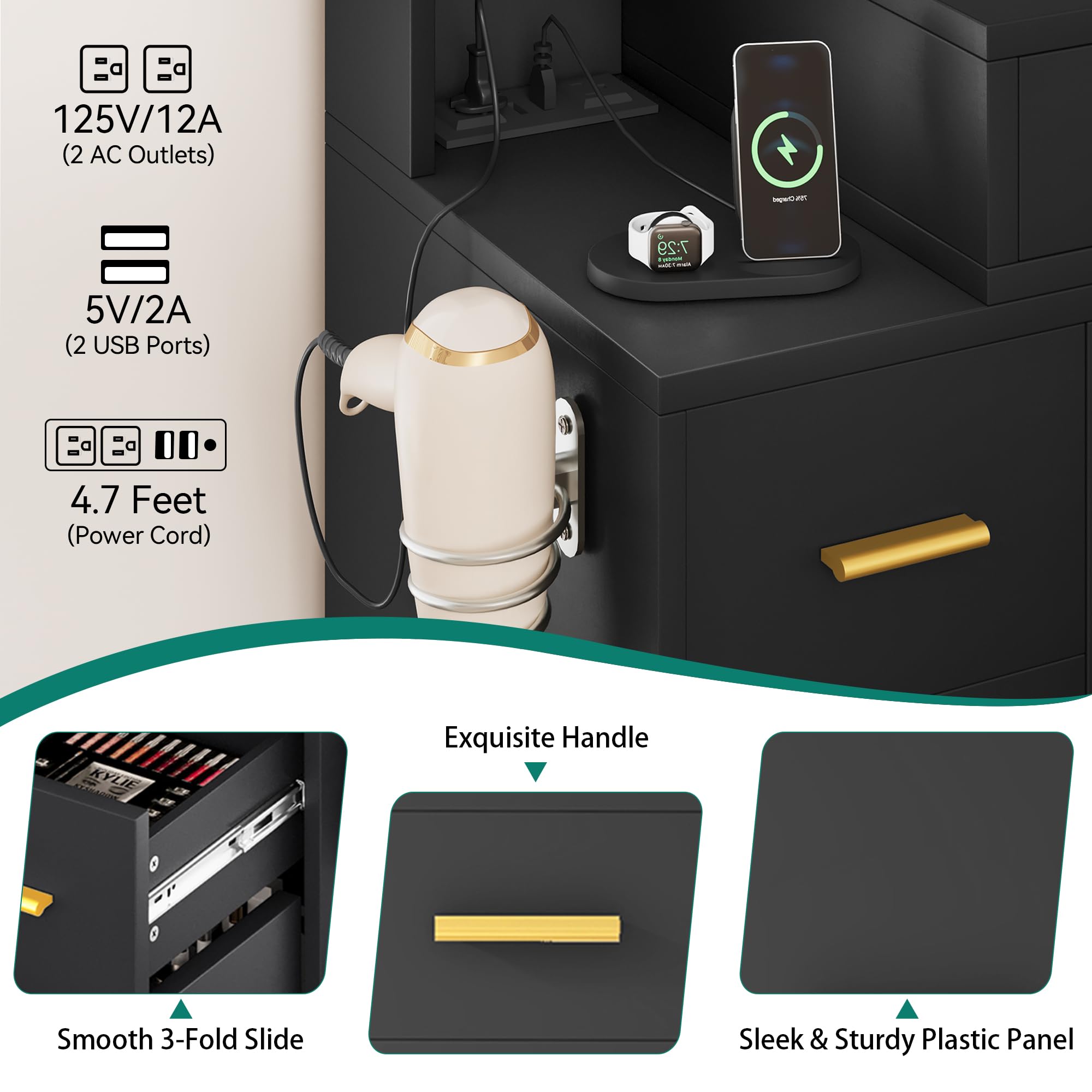 YITAHOME Makeup Vanity Desk with LED Mirror & Lights - Large Dressing Table Set with Charging Station, 3 Drawers, 6 Shelves & 2 Cabinets - Includes Storage Bench & 3 Lighting Modes (Coal Black) - Perfect for Bedroom, Dressing Room & Beauty Salon Organization