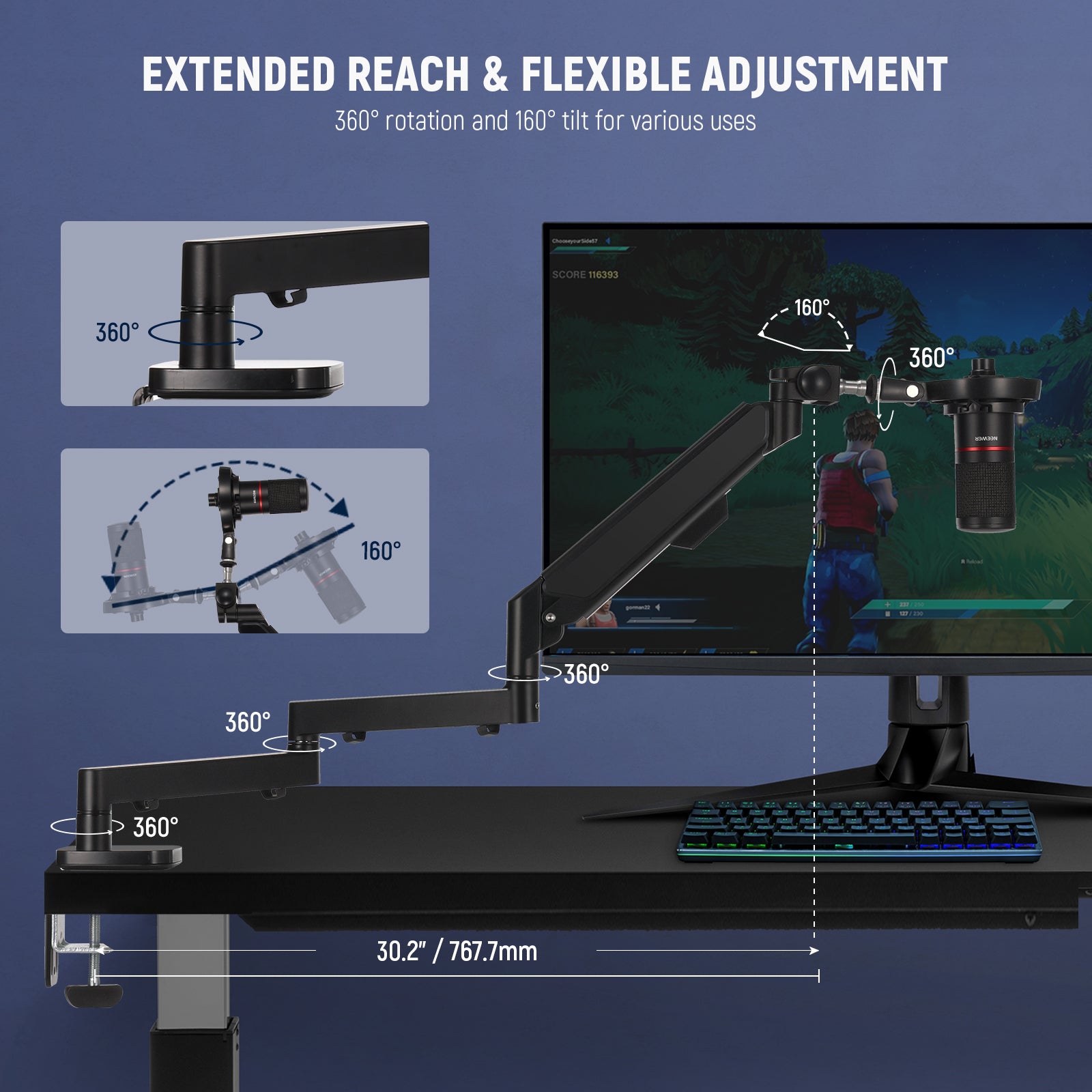NEEWER MS002 Low Profile Microphone Arm Desk Mount - Adjustable Boom Stand for Podcasting, Streaming & Recording Studios