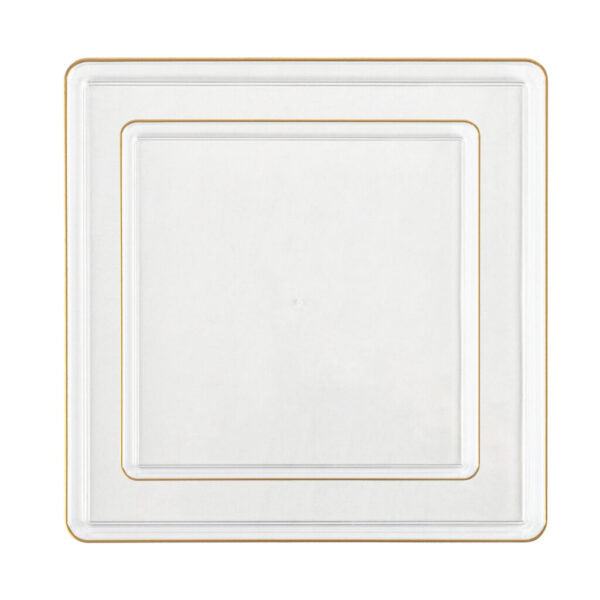 Clear and Gold Plastic Party Bundle - Square Edge Disposable Plates, Cups, and Cutlery Set for Birthday, Wedding, and Holiday Celebrations