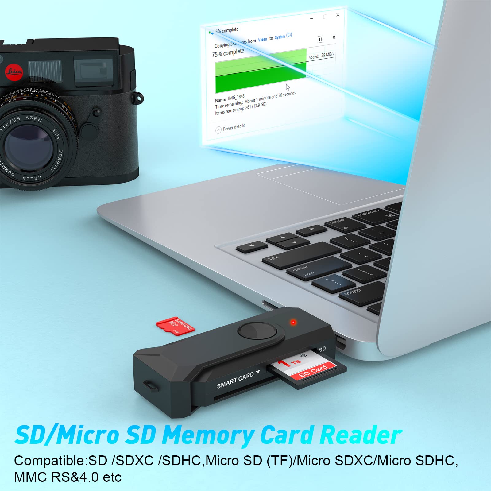 Rocketek 4-in-1 USB Memory Card Reader - SDHC/SDXC/SD & Micro SD Card Adapter with CAC Smart Card Reader for SIM/TF/MMC RS - Compatible with Windows, Mac OS X, Linux/Unix - Perfect for Data Transfer, Photo Backup & Digital Security Access