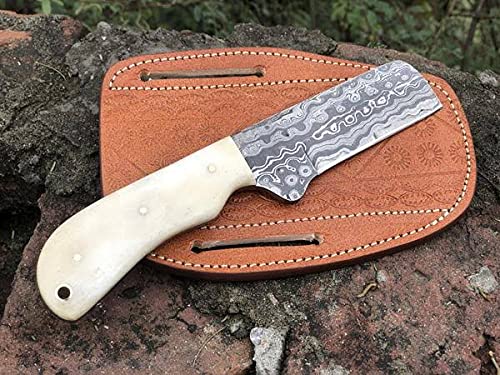 Custom Handmade Damascus Steel Bull Cutter Knife - Cowboy Knife with Pancake Leather Sheath | Hunting, Camping & Outdoor Survival Gear