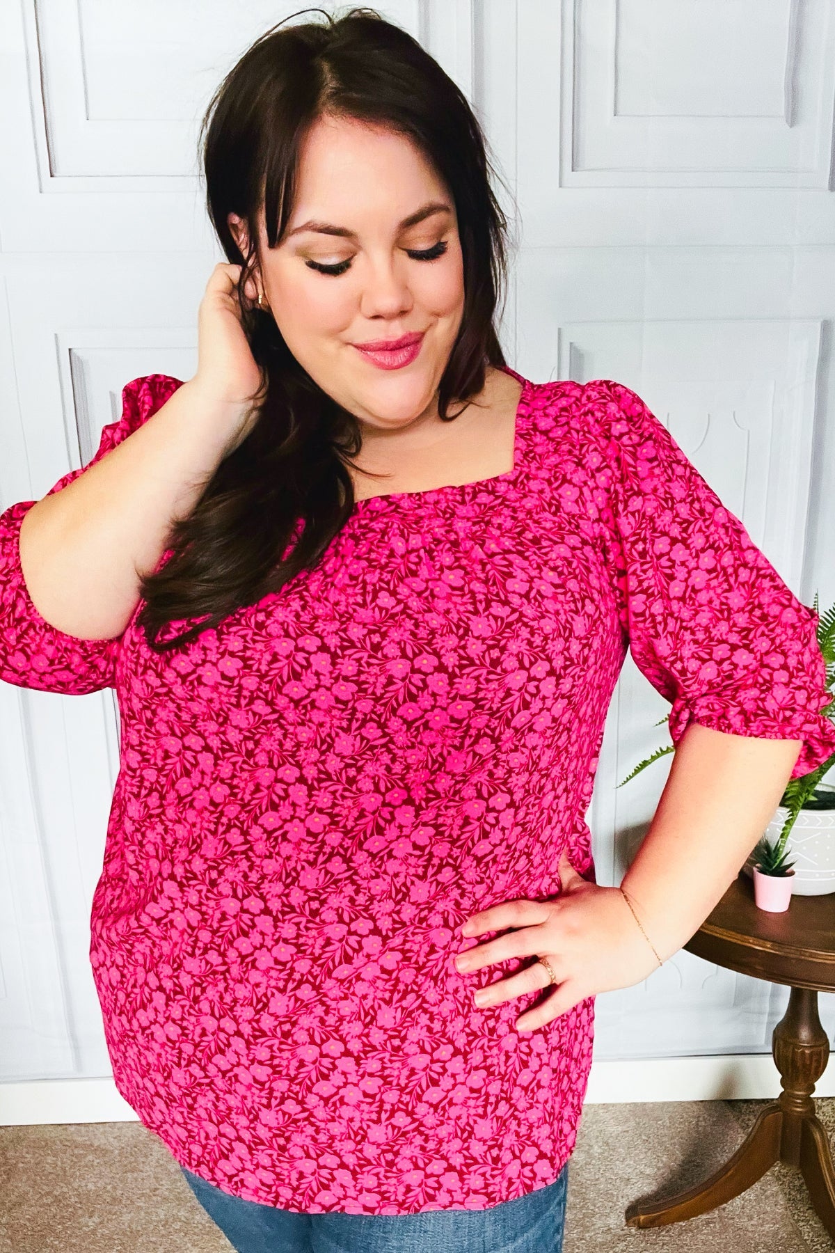 Perfectly You Fuchsia Floral Print Three Quarter Sleeve Square Neck Blouse for Women | Casual Spring Summer Tops for Office Wear & Date Night Outfits