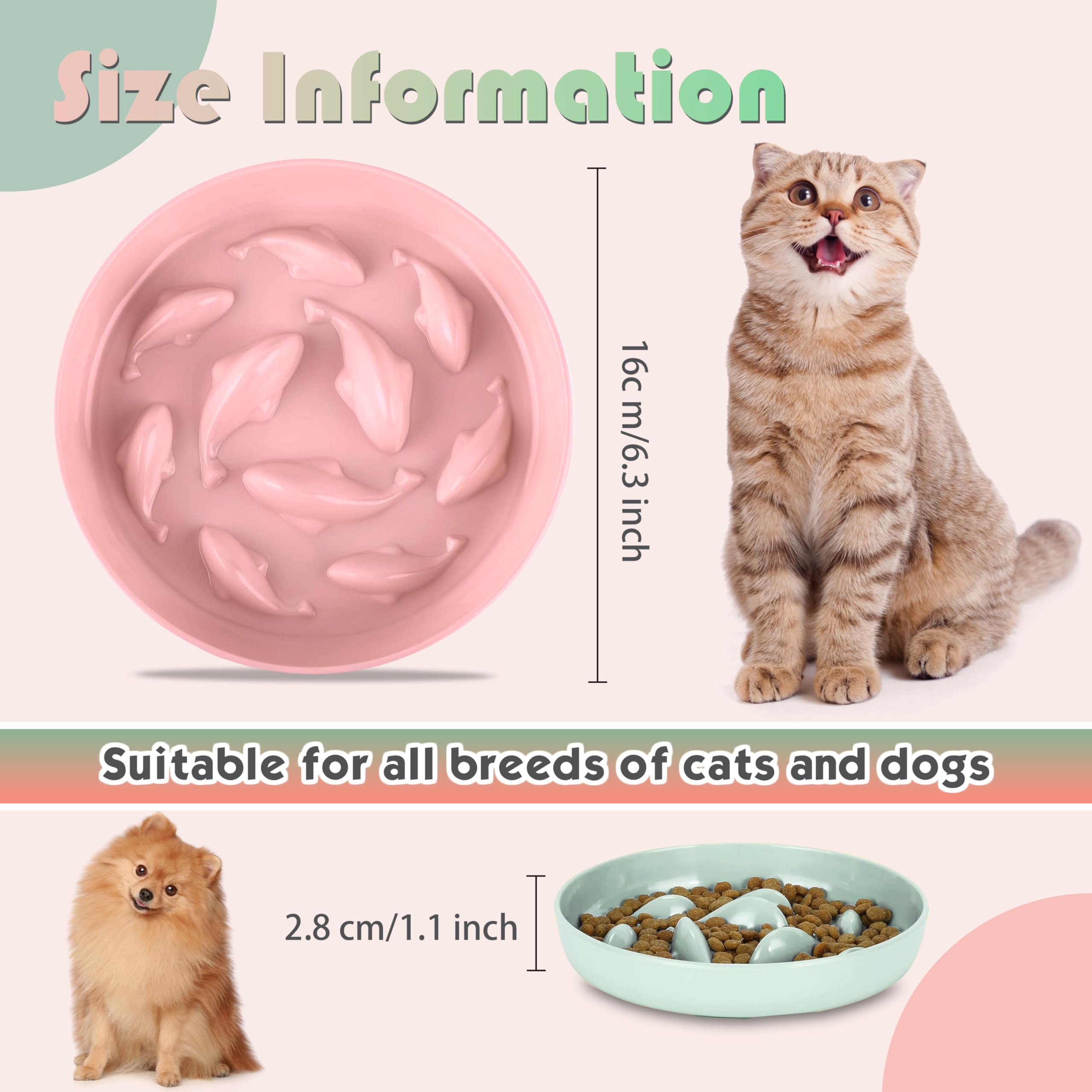 Slow Feeder Cat & Small Dog Food Bowl - Melamine Puzzle Feed Dish for Healthy Eating - Prevents Gulping & Bloat - Green & Pink (2-Pack, Small) - Perfect for Fast Eaters & Portion Control