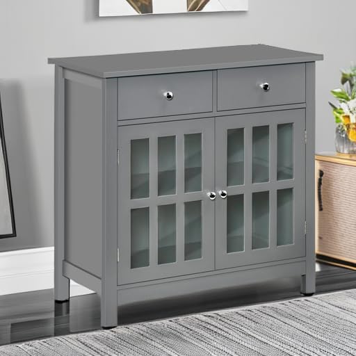 HOMCOM Sideboard Buffet Cabinet with Glass Doors - Kitchen Storage Cabinet with Adjustable Shelf & 2 Drawers - Gray Accent Furniture for Dining Room, Living Room, or Kitchen Organization
