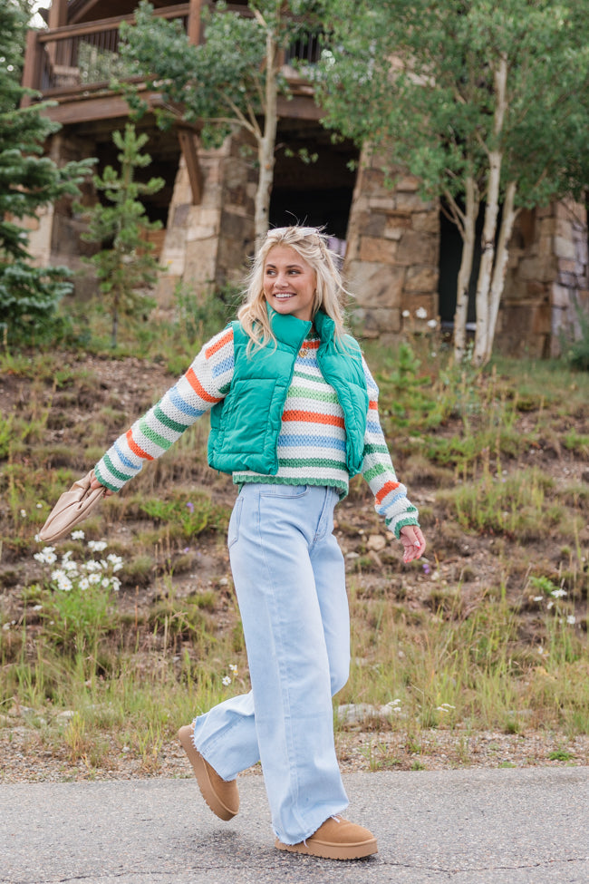 Stylish Green Multi-Stripe Sweater for Women | Cozy Knit Pullover | Perfect for Casual Outings & Fall Layering