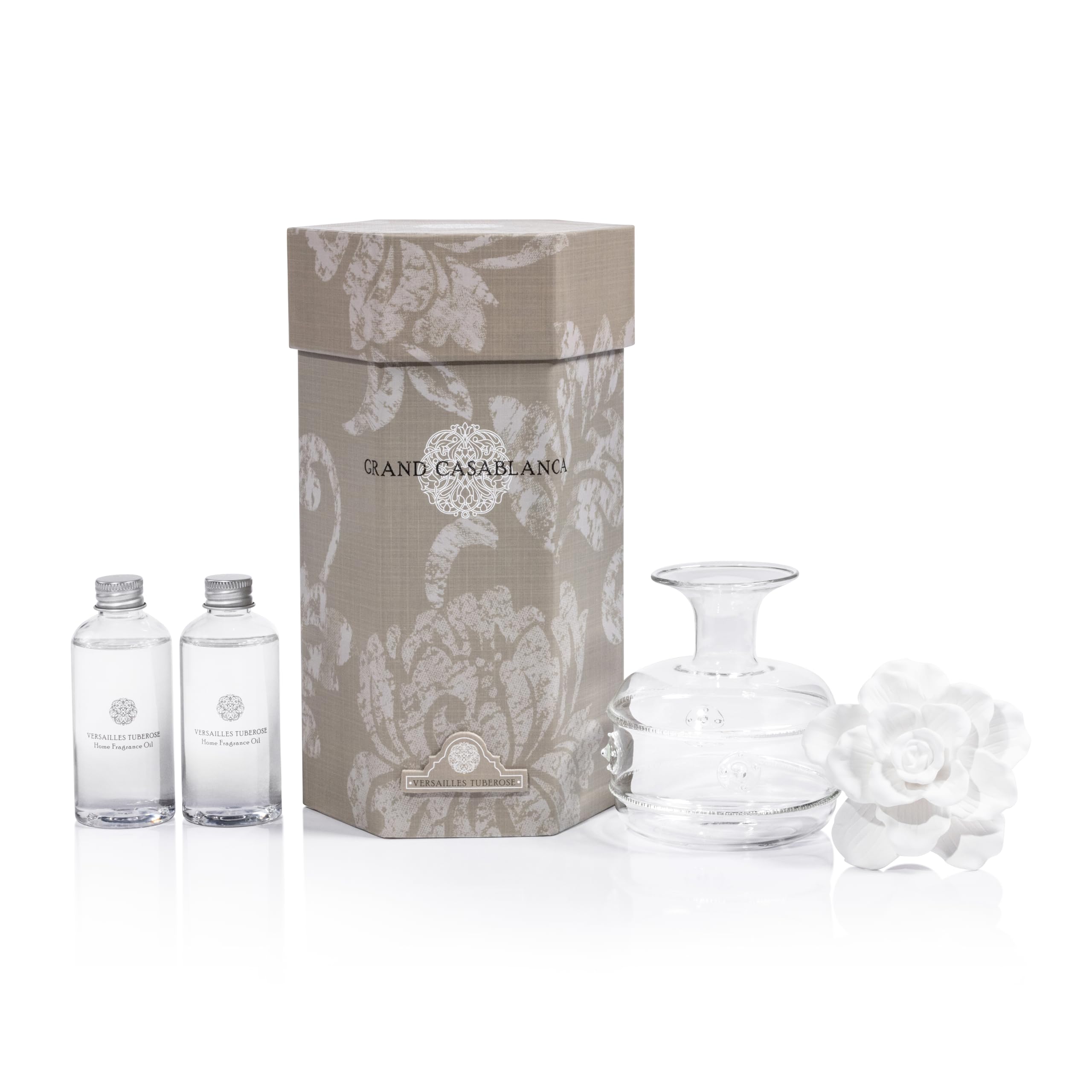 Zodax Grand Casablanca Porcelain Essential Oil Diffuser - Elegant Flower Design Aromatherapy Diffuser for Home, Office, Spa | Perfect for Relaxation, Stress Relief & Air Freshening | Versailles Tuberose Scent - 6.76 Oz with Gift Box