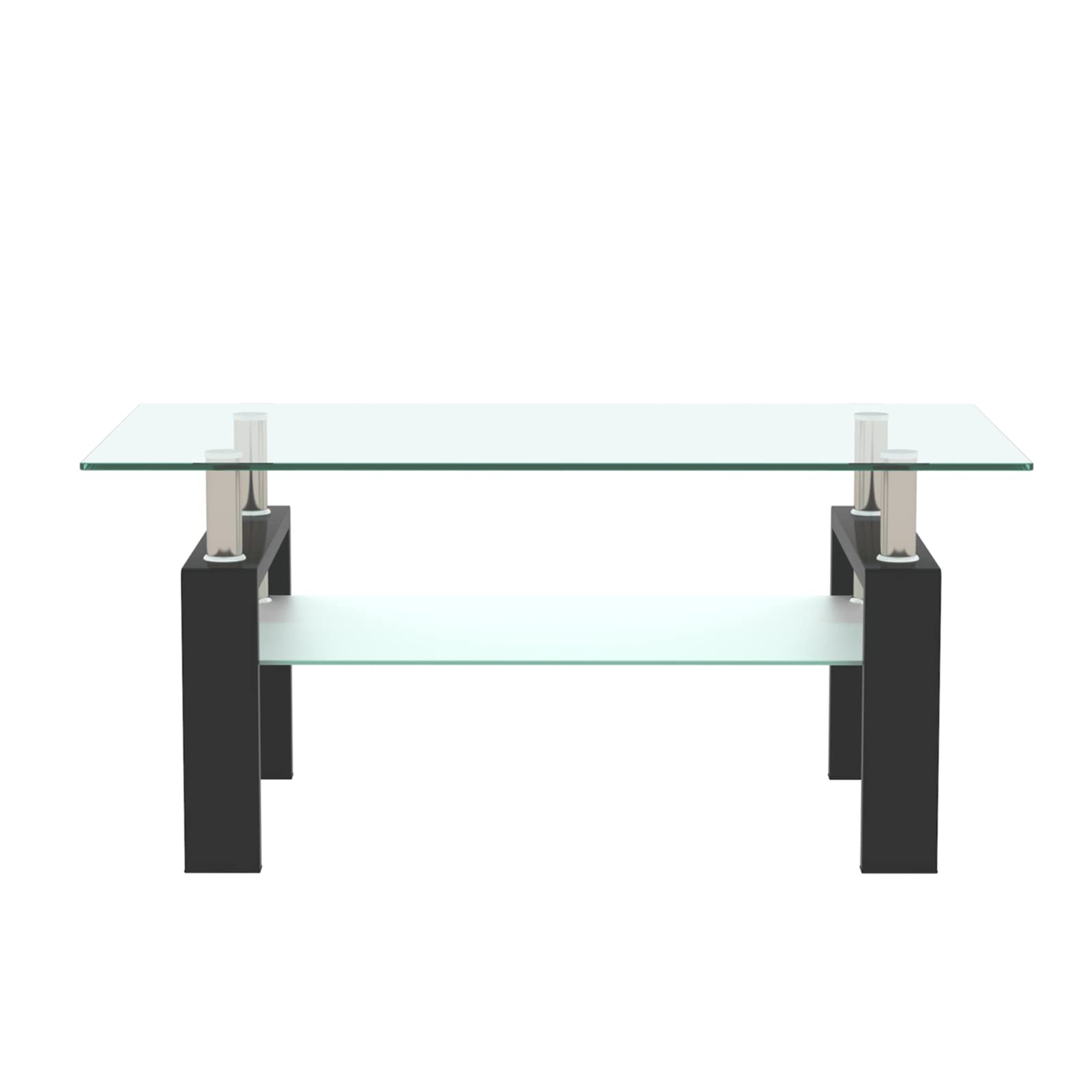 Modern Black Tempered Glass Coffee Table with Storage Shelf & Metal Frame - Stylish Living Room Side Table for Home Decor & Small Space Organization