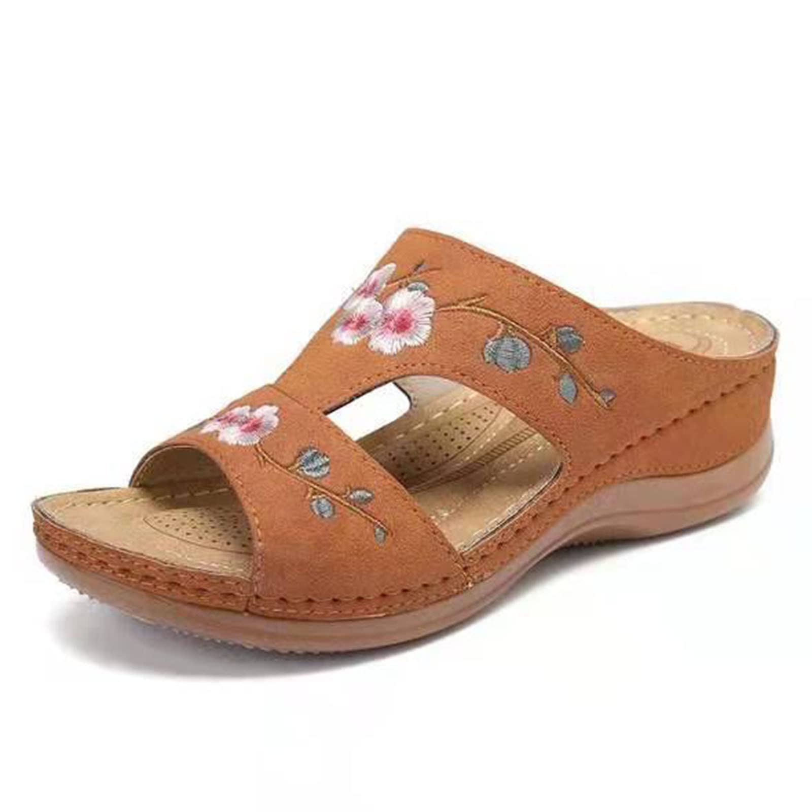 Oiangi Women's Flower Embroidered Wedge Sandals - Breathable Open Toe Summer Slippers with Hollow Out Design | Lightweight Casual Slides for Beach, Pool, and Outdoor Wear