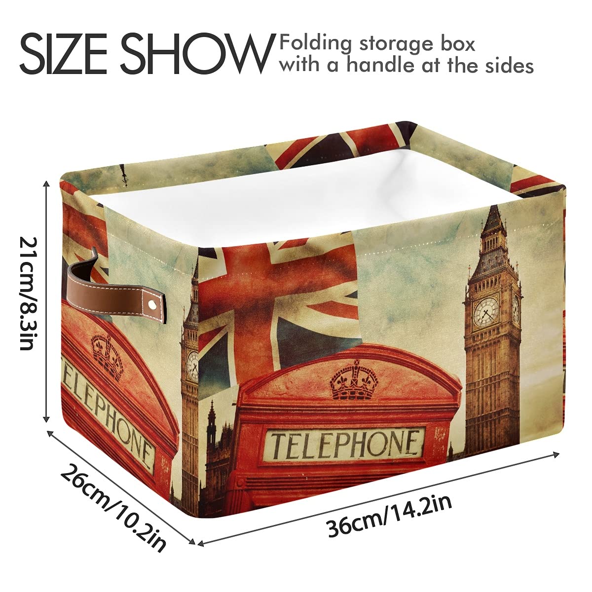 London UK Flag Telephone Booth Storage Bin Basket - Big Ben Union Jack Collapsible Storage Cube with Handles | Rectangle Storage Box for Shelf, Closet, Nursery, Bedroom & Home Office (1 Pack) | Perfect for British-Themed Decor & Kids Toy Organization
