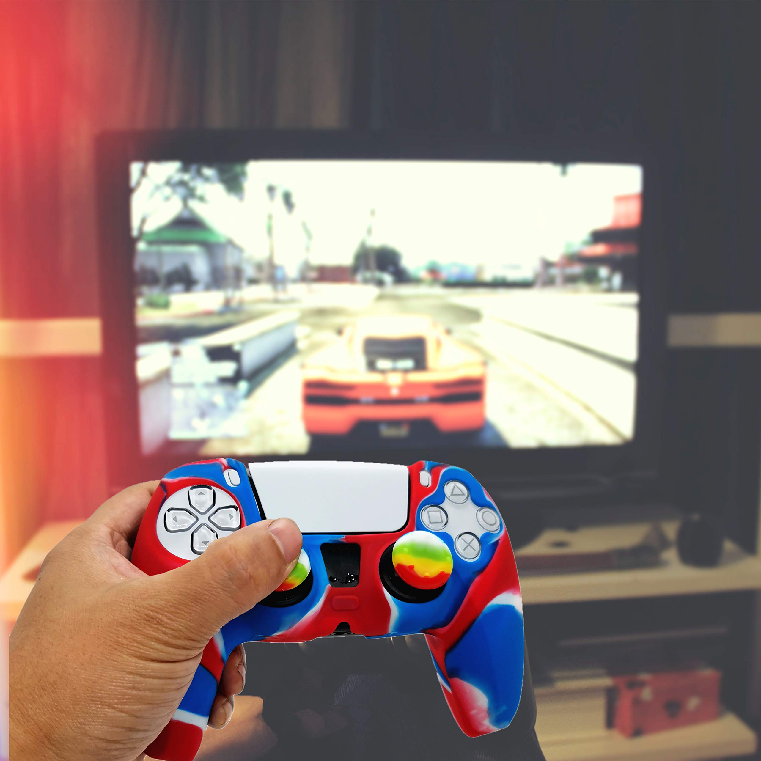 Premium Silicone Skin for PS5 Controller - Anti-Slip Grip Cover with 10 Thumbstick Caps (4 Red & Blue) for Enhanced Gaming Comfort - Perfect for Long Play Sessions & Competitive Gaming