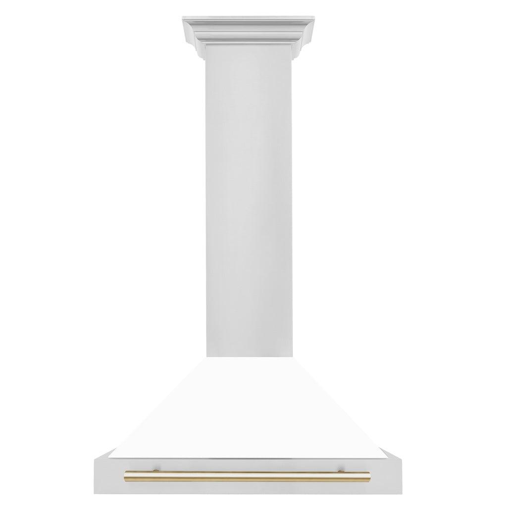 ZLINE KB4STZ WM G Autograph Edition Convertible Stainless Steel Range Hood - White Matte Shell with Polished Gold Accents - Professional Kitchen Ventilation for Modern Homes