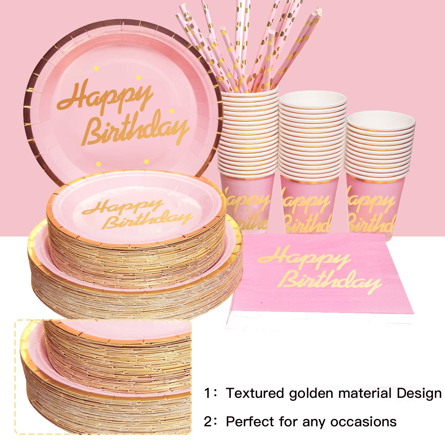 Pink Happy Birthday Party Supplies - 310 pcs Disposable Tableware Set for 50 Guests, Includes Foil Paper Plates & Napkins - Perfect for Birthday, Anniversary, Baby Shower & Bridal Shower Decorations
