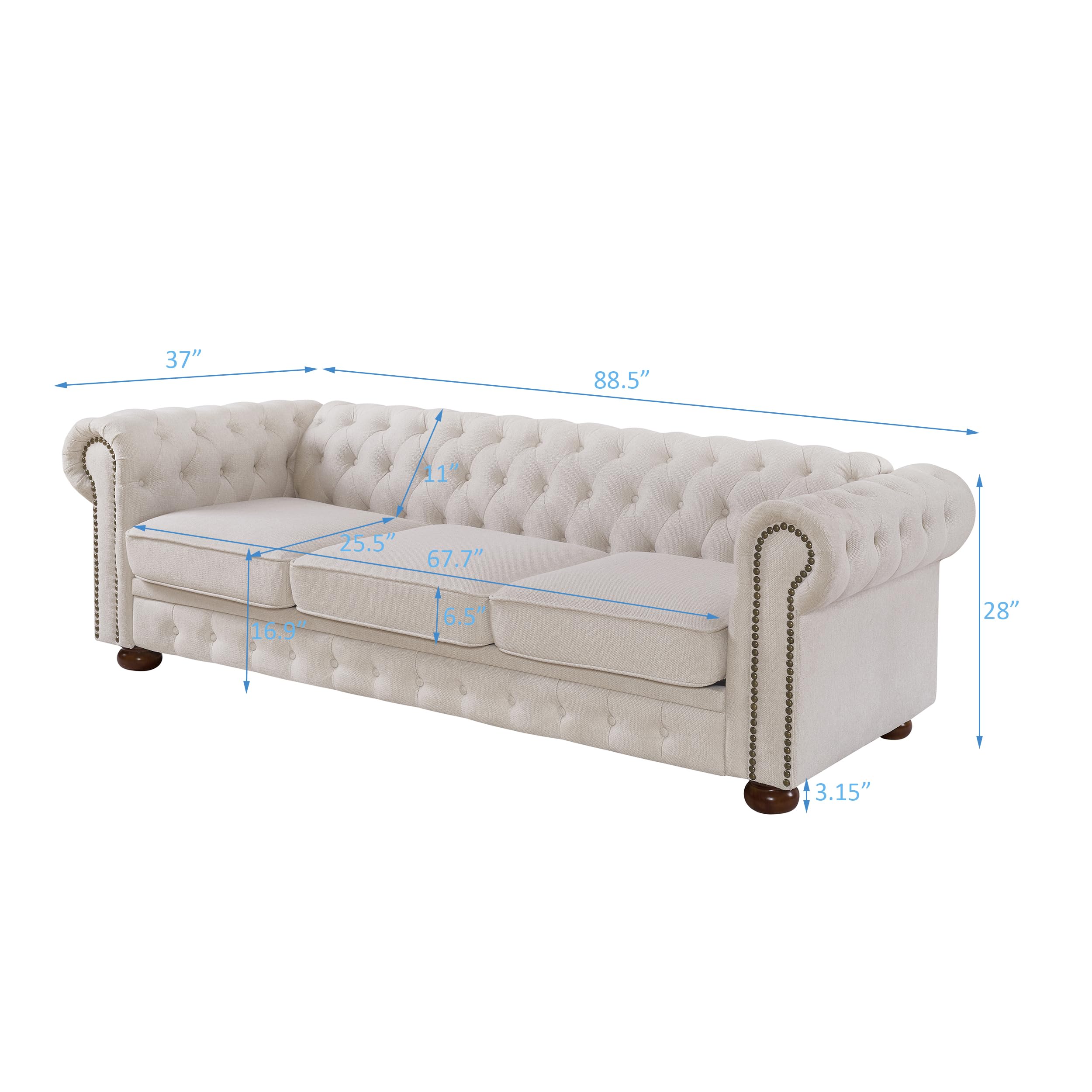 Chesterfield Sofa - Classic Linen Upholstered 3-Seater Couch, Modern Long Settee for Living Room & Office - Beige | Perfect for Home Decor, Lounge Relaxation & Elegant Entertaining