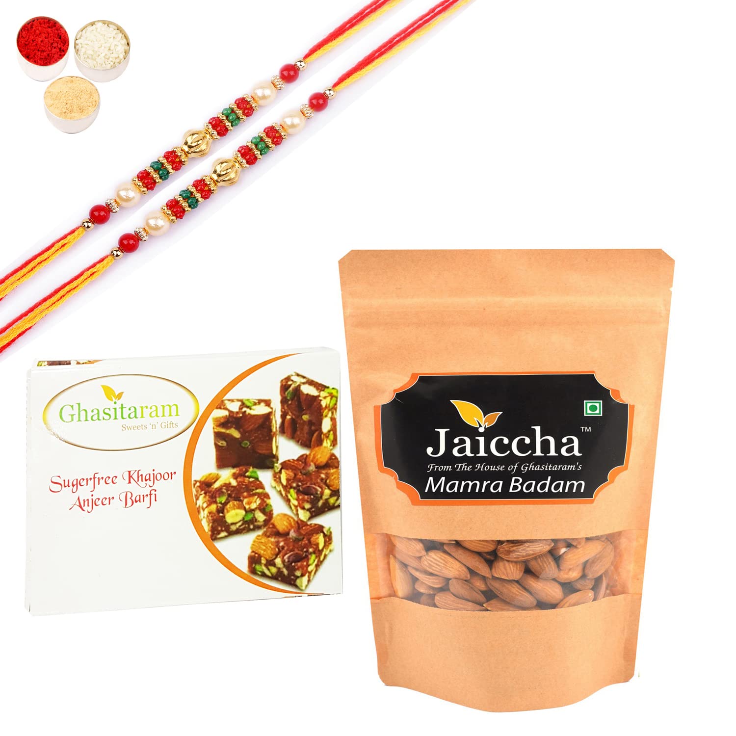 Premium Sugar-Free Rakhi Gift Box for Brothers - 2 Figs & Dates Bites, Mamra Almonds with Pearl Bead Rakhis | Thoughtful Raksha Bandhan Present for Siblings, Family & Festive Celebrations