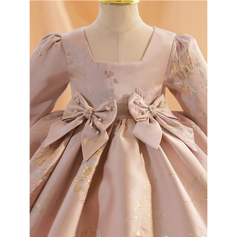 Champagne Satin A-Line Flower Girl Dress with Lantern Sleeves - Elegant Flower Girl Outfit for Weddings, Parties & Special Occasions