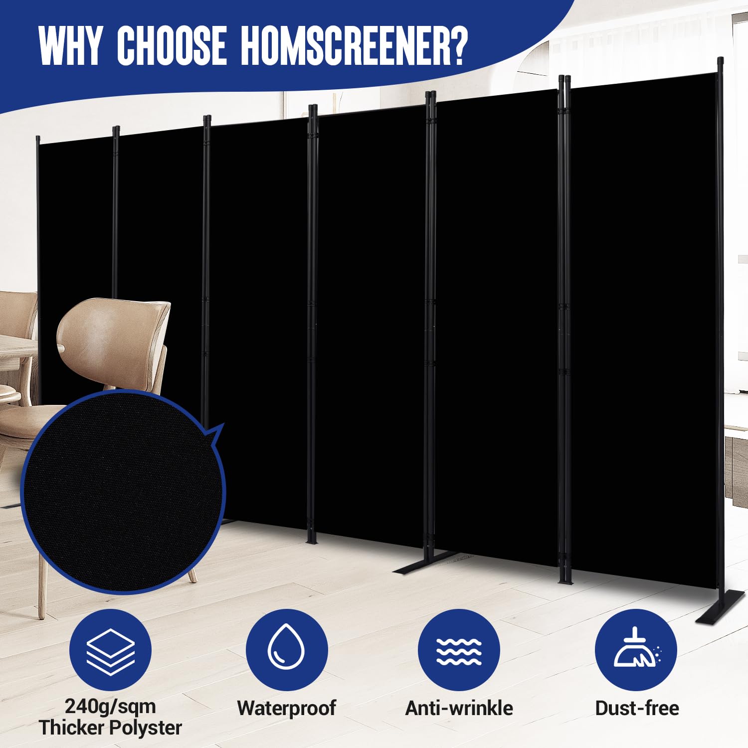 6 Panel Folding Room Divider Privacy Screen - 11 Ft Wide Portable Partition for Bedroom, Office & Studio - Black | Space Separator for Home, Events & Workspaces