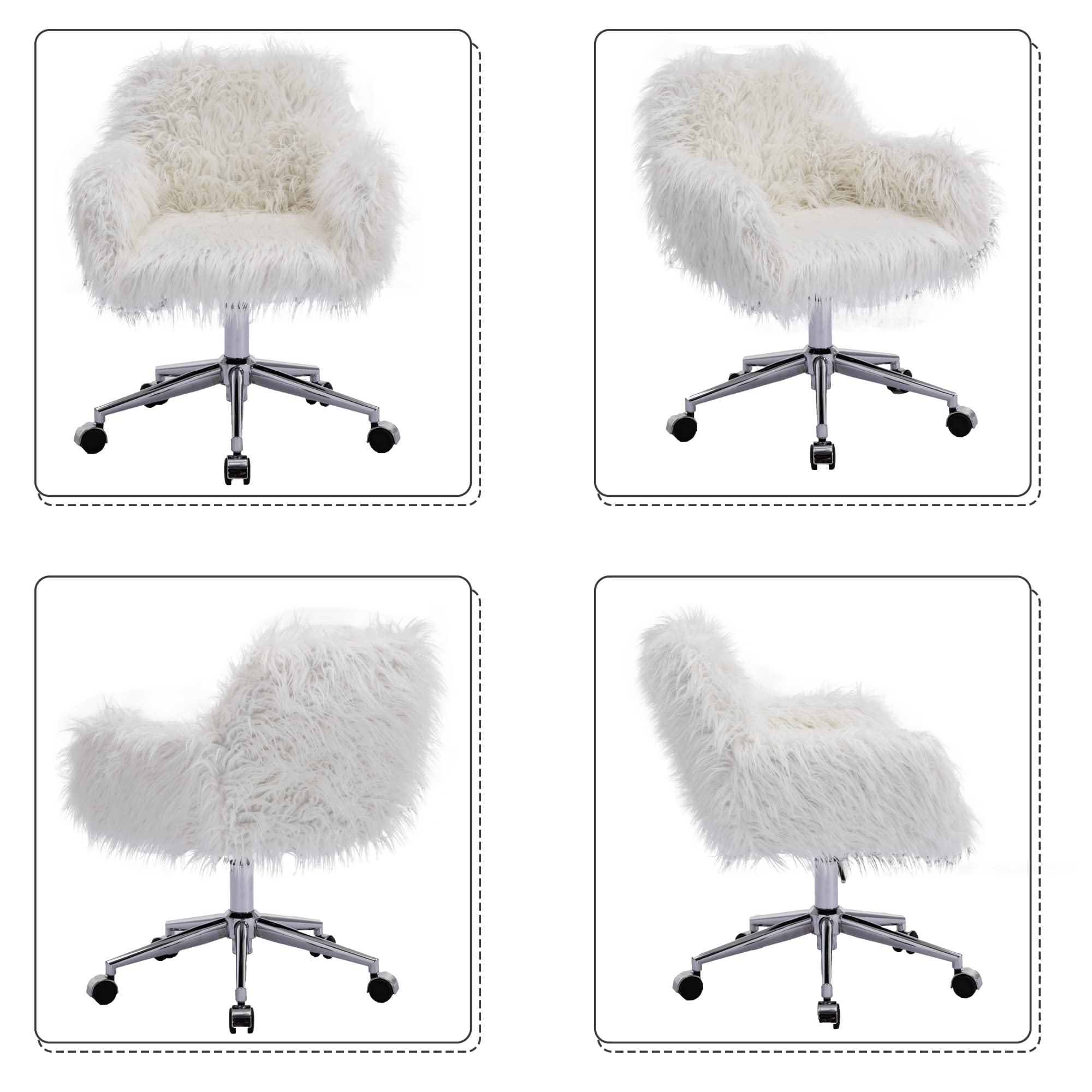 **Fluffy Faux Fur Office Desk Chair with Wheels - Modern Swivel Armchair for Women, Soft Comfy Vanity Makeup Chair, Elegant Accent Chair for Bedroom, Dressing Room & Home Decor (White) - Perfect for Work, Study & Relaxation**